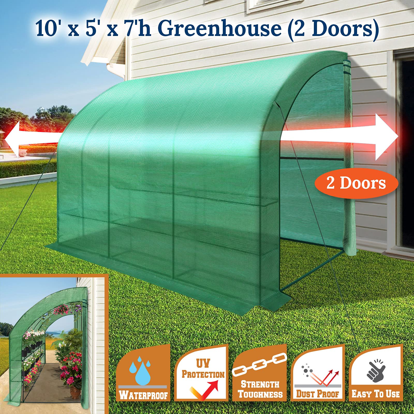 BenefitUSA Large Walk-in Greenhouse 9.8x4.85x7 Feet with 3 Tiers & 6 Shelves - Durable Outdoor Gardening Greenhouse with 2 Doors (Green) - Perfect for Growing Vegetables, Flowers & Herbs in Backyard or Patio