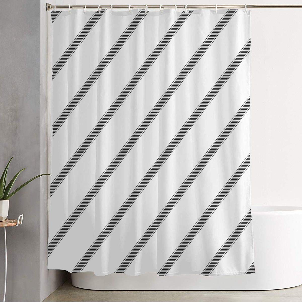 Waterproof Striped Shower Curtain 72x72 Inches - Classic Black & White Geometric Bathroom Decor with Hooks, Abstract Diagonal Design for Modern Bathrooms - Perfect for Home, Apartment, Hotel & Spa Decorations