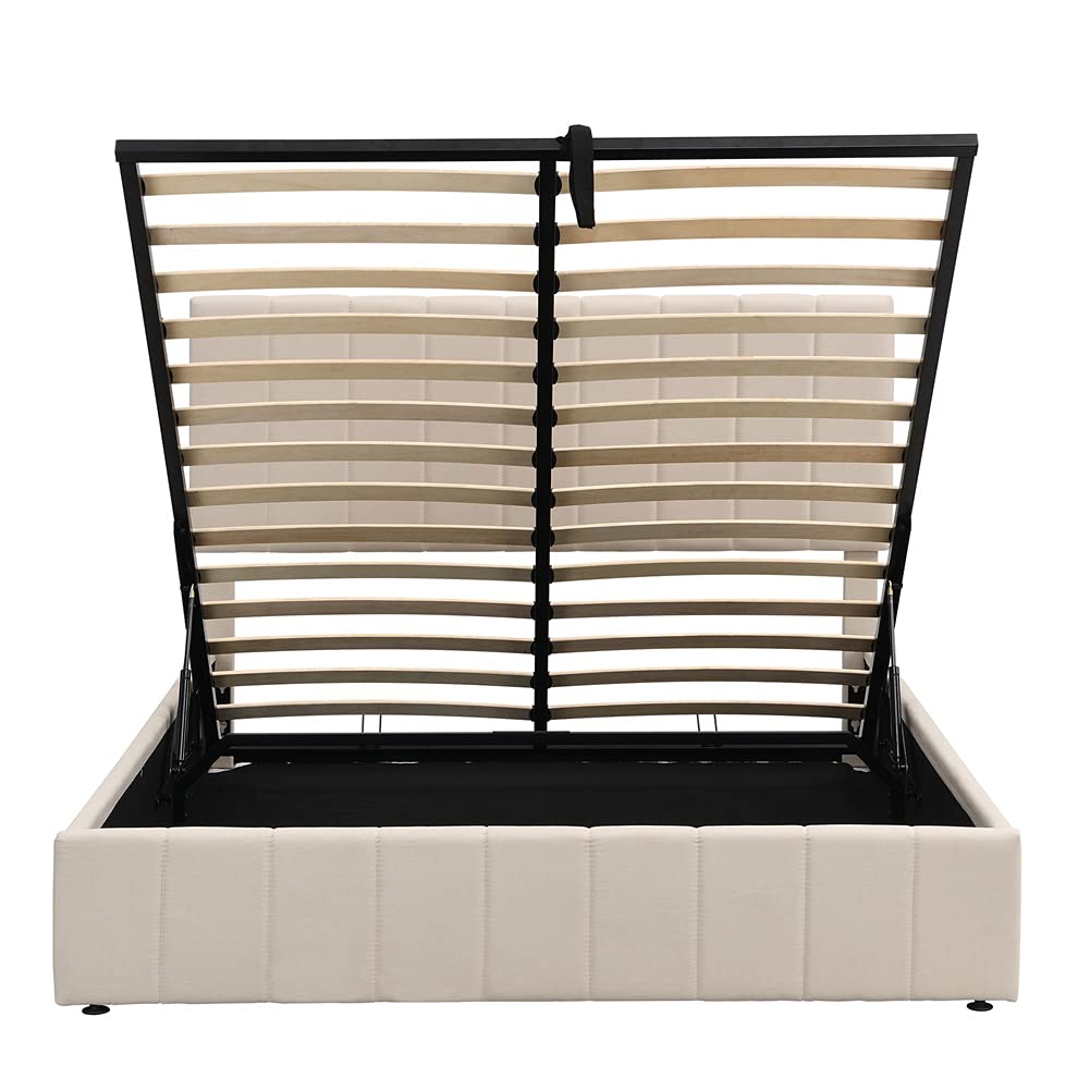 Queen Size Upholstered Platform Bed with Hydraulic Storage - Solid Wood Frame, Easy Assembly, Modern Beige Fabric - Perfect for Small Bedrooms & Guest Rooms