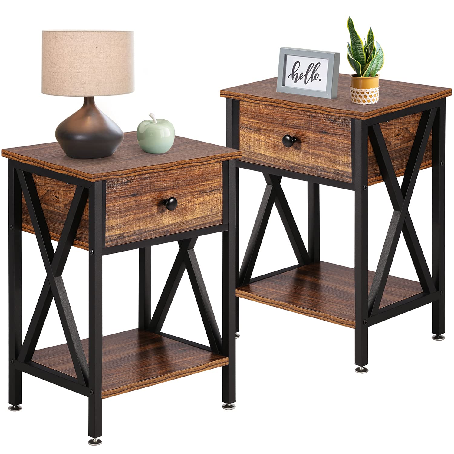 VECELO Modern Nightstands Set of 2 - Industrial Metal Frame Bedside Tables with Drawer & Storage Shelf for Bedroom & Living Room - Perfect for Small Spaces, Apartment Furniture & Home Decor