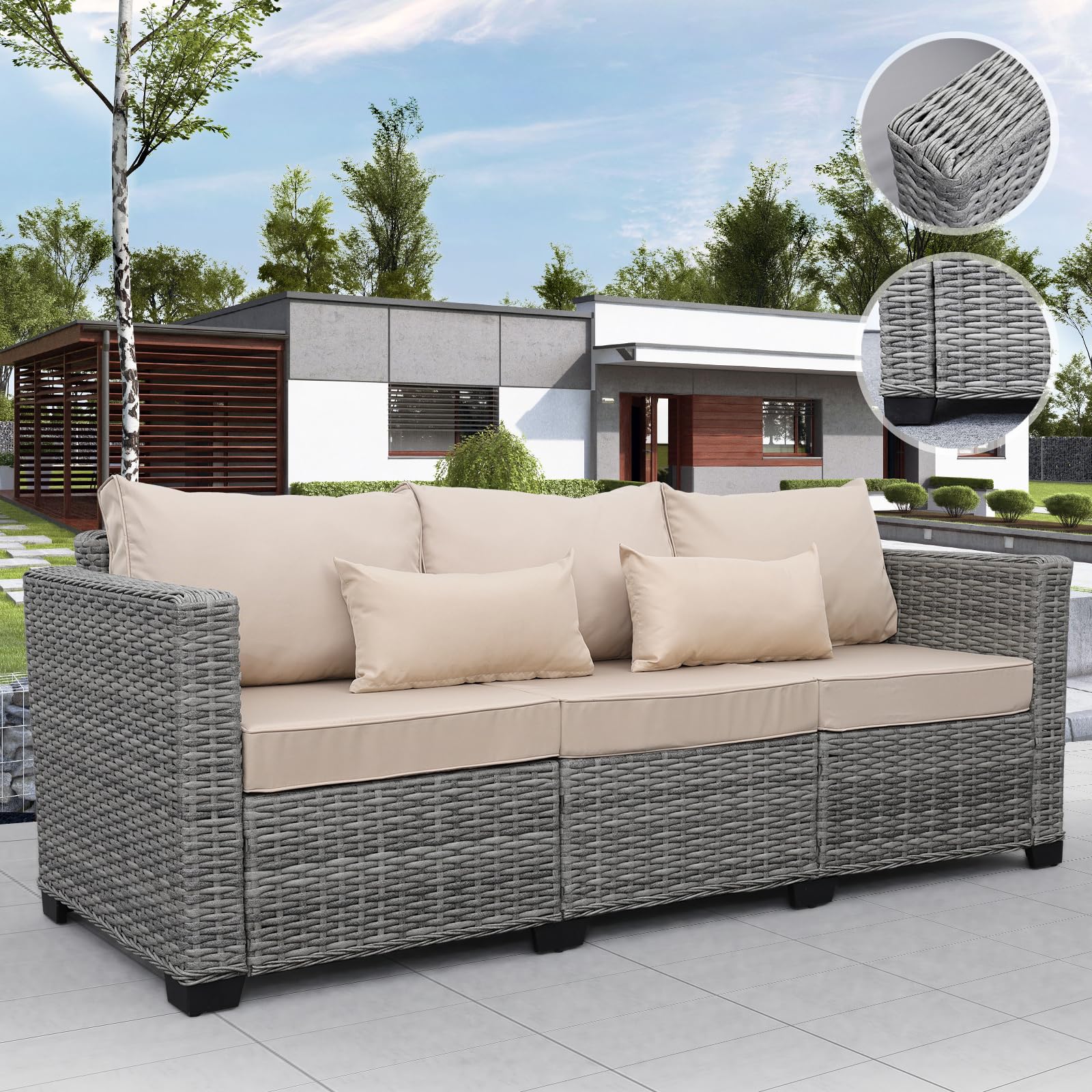Rattaner 3-Seat Patio Sofa Set - Grey Wicker Outdoor Couch with Deep Seat & High Backrest, Waterproof Cover & Anti-Slip Khaki Cushions - Perfect for Garden, Poolside, and Backyard Relaxation