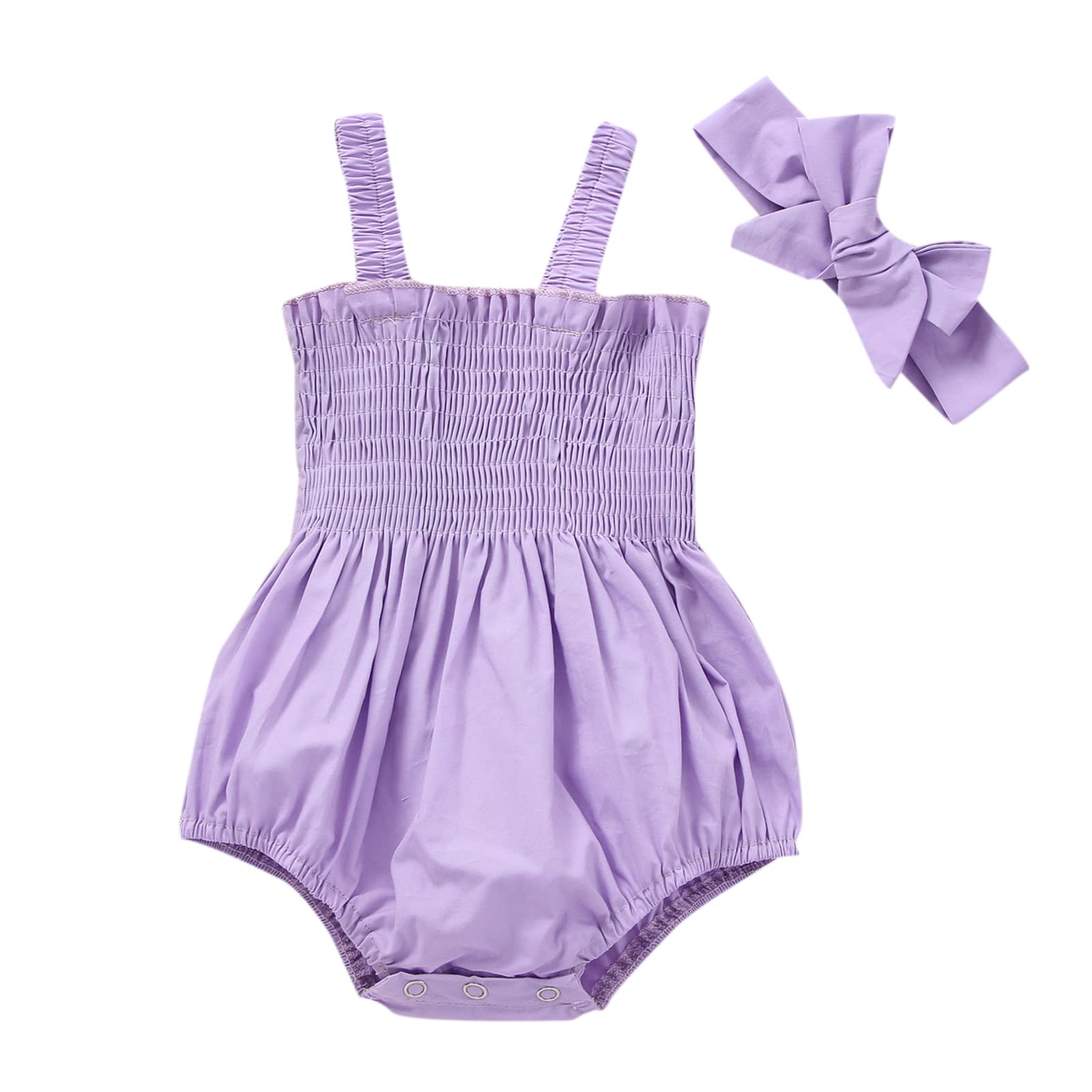 Newborn Baby Girl Summer Outfits - Soft Cotton Linen Romper with Floral Pleated Tops & Matching Headband - Perfect for Photoshoots, Playdates & Outdoor Activities