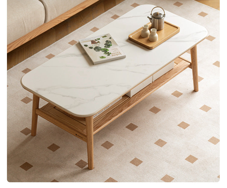 Solid Oak Wood Slate Coffee Table - Rustic Modern Living Room Furniture for Home Decor & Relaxation