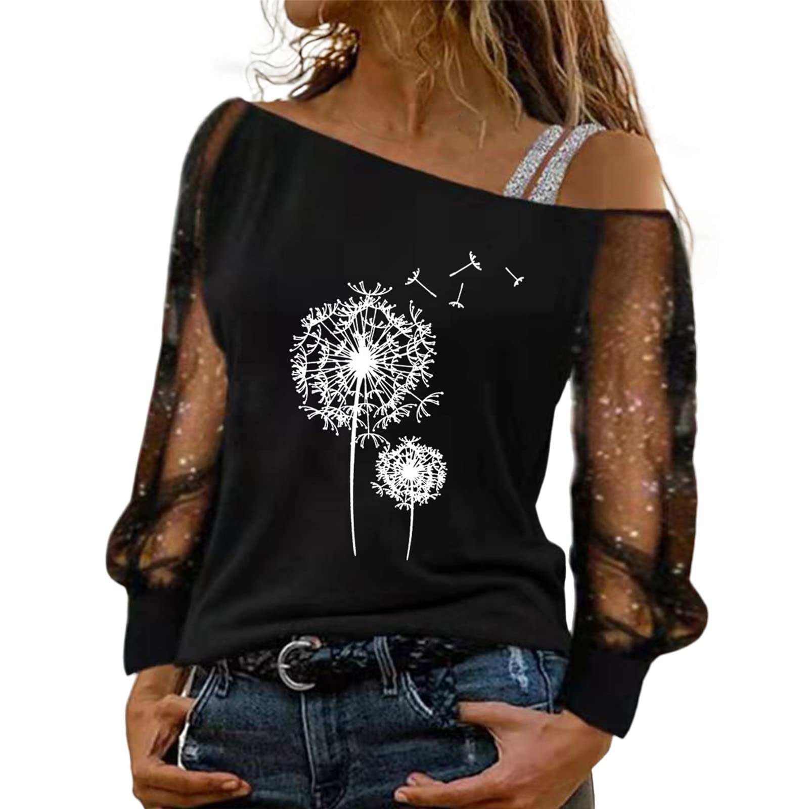 Women's Casual Fashion Top - Dandelion Printed Mesh Long Sleeve Shirt | Breathable & Stylish for Everyday Wear, Office & Outings