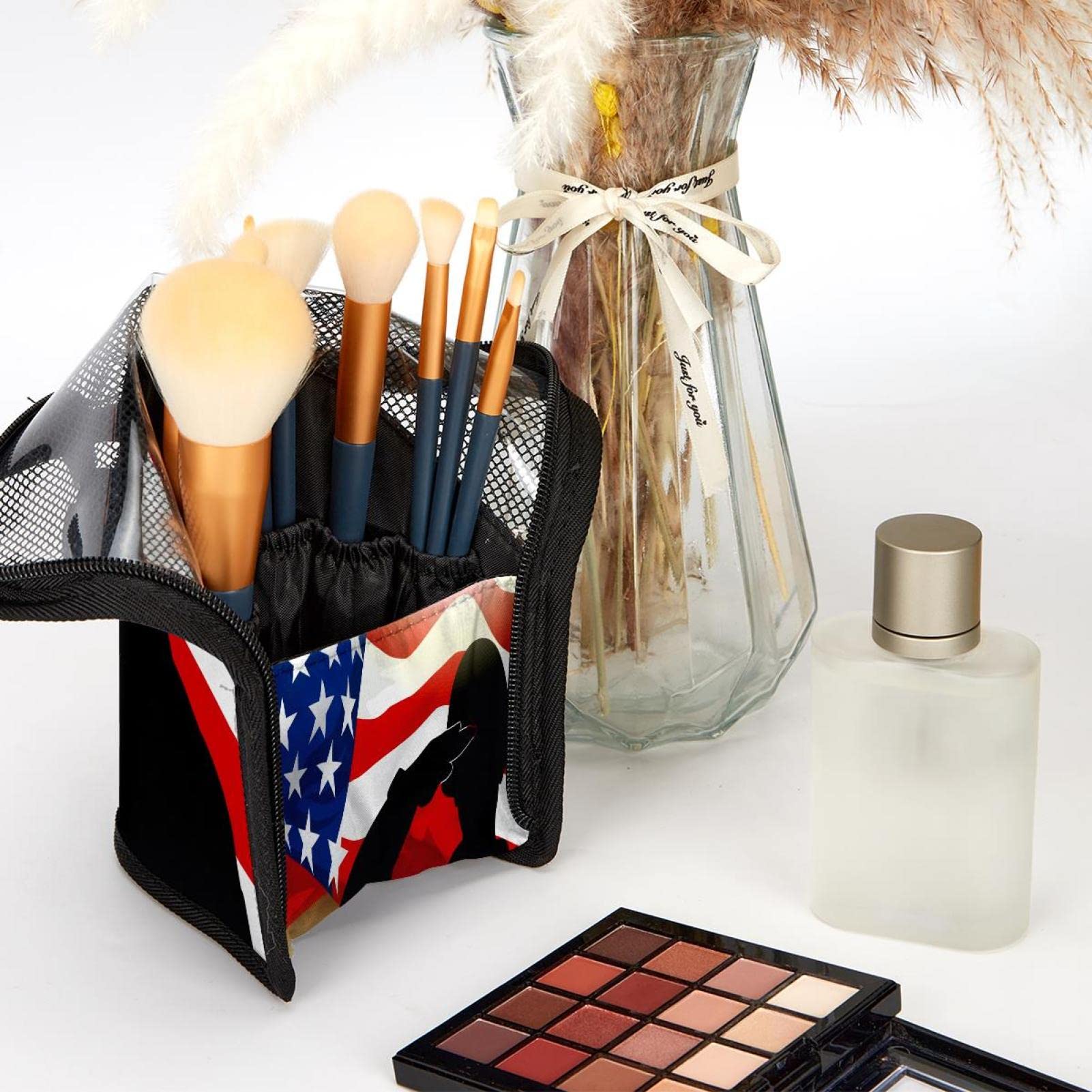 Patriotic American Soldiers Makeup Brush Organizer Bag with 12 Brushes - Portable Waterproof Cosmetic Brush Holder Case for Travel, Home & Professional Makeup Artists