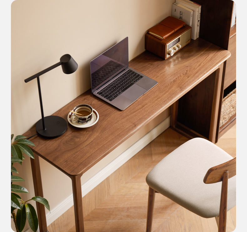 Premium Black Walnut Solid Wood Narrow Writing Desk - Modern Minimalist Home Office & Study Workstation for Small Spaces