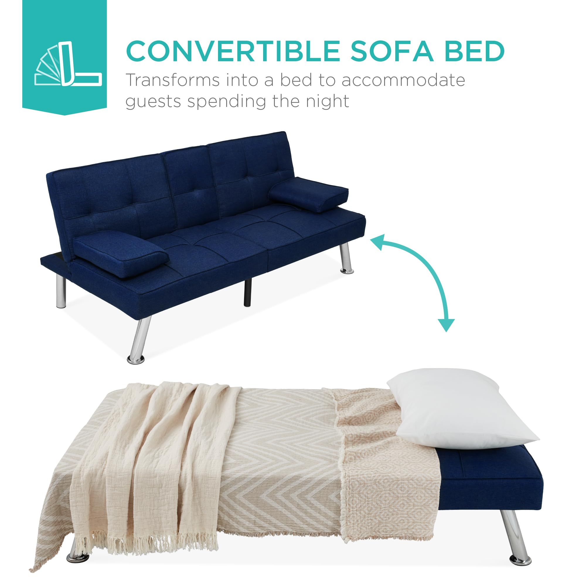 Best Choice Products Modern Folding Futon Sofa Bed - Convertible Recliner with Removable Armrests & 2 Cup Holders - Dark Blue Linen Fabric - Perfect for Small Apartments, Dorm Rooms & Guest Rooms