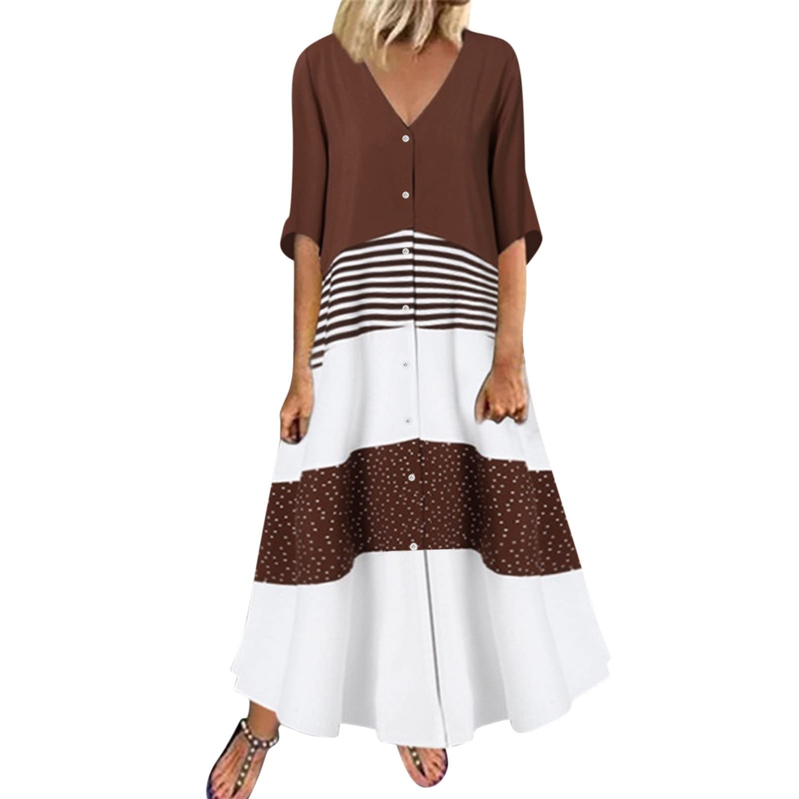 YSLMNOR Women's Loose Long Maxi Dress - Summer Casual Button Down V-Neck Patchwork Print Flowy Dress | Perfect for Beach, Vacation, and Everyday Wear
