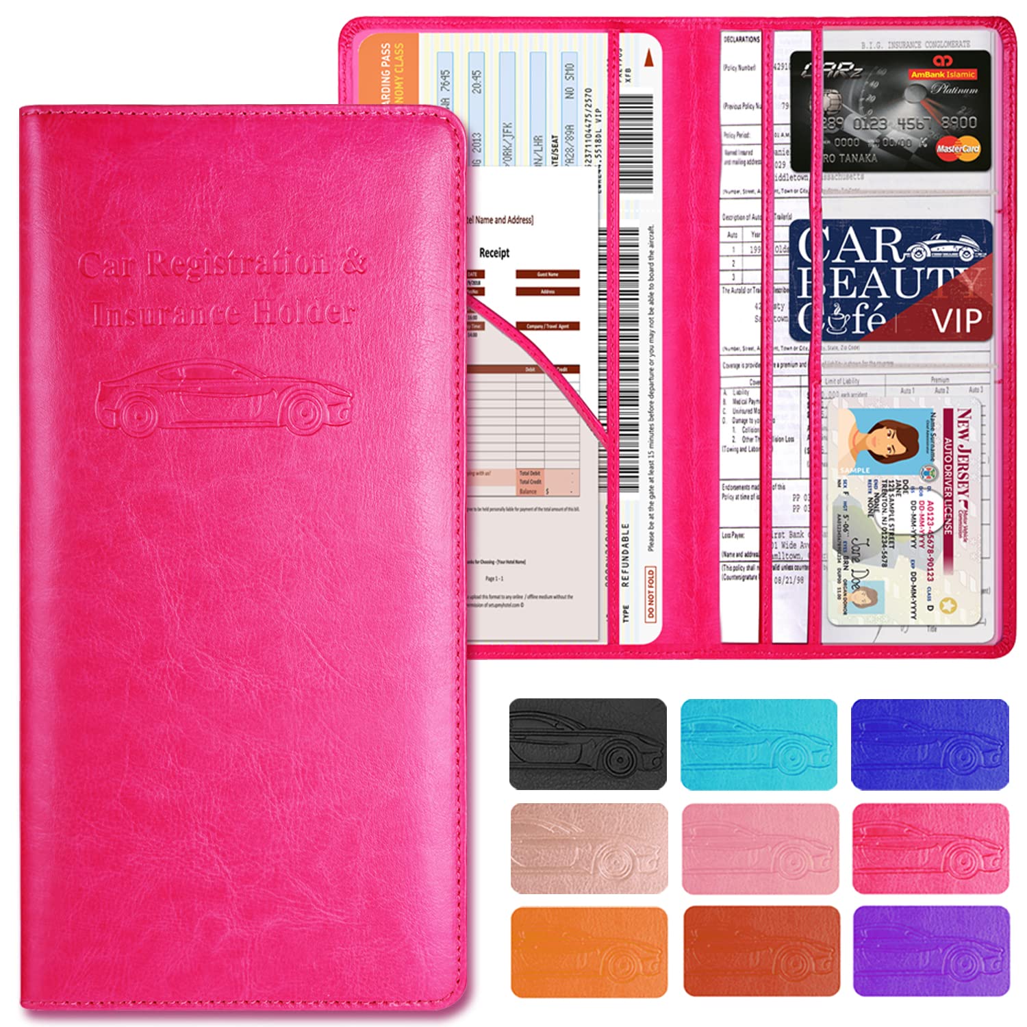 Premium Leather Car Registration and Insurance Card Holder for Women - Rose Pink Auto Document Organizer | Perfect for Vehicle Paperwork Storage & Quick Access While Driving