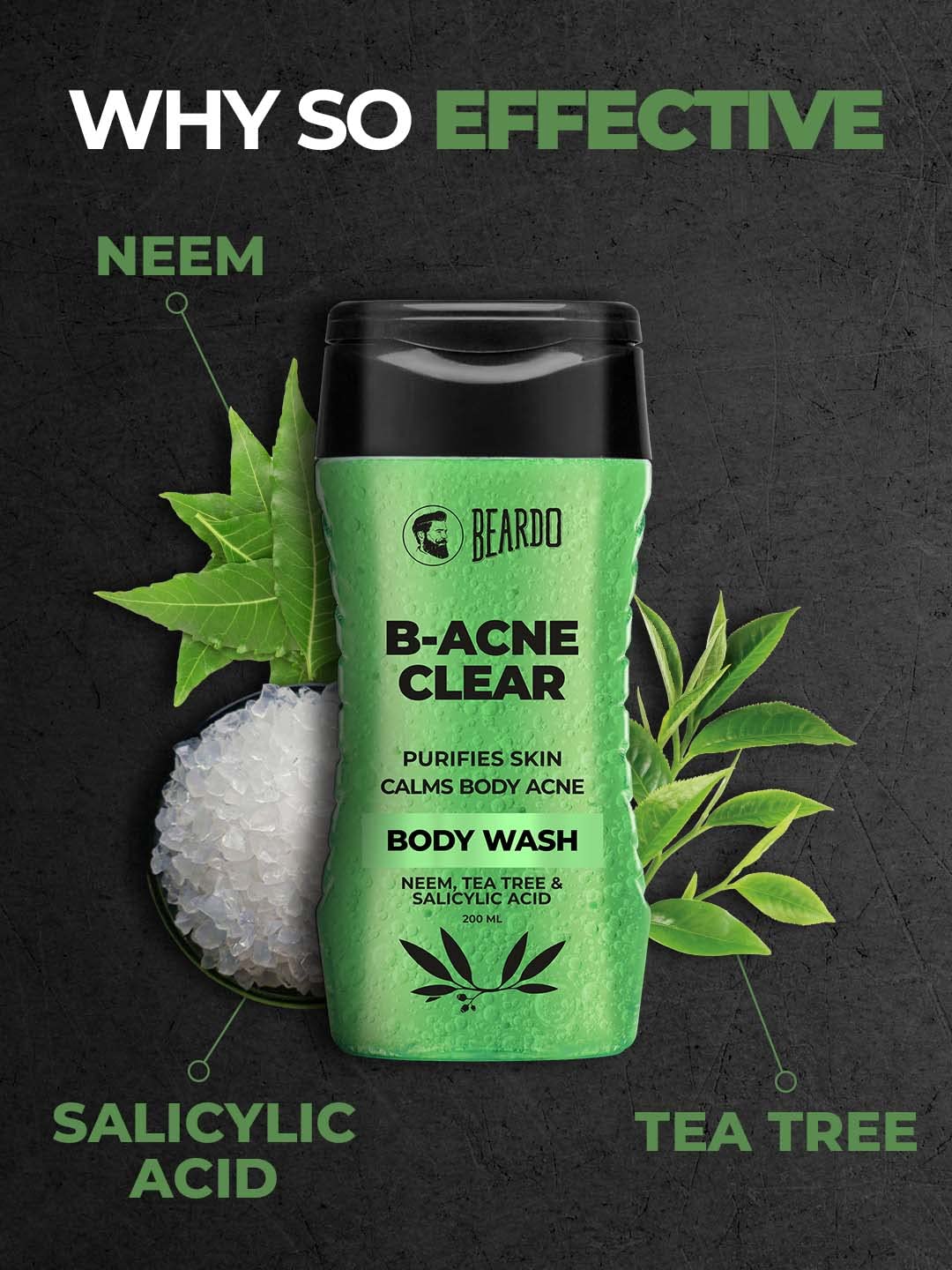 Beardo Body Acne Clear Body Wash for Men 200ml - Neem, Tea Tree & Salicylic Acid Formula for Clean Skin | Treats Body Acne & Purifies Skin | B-acne Solution | Perfect for Gym, Travel & Daily Shower Routine