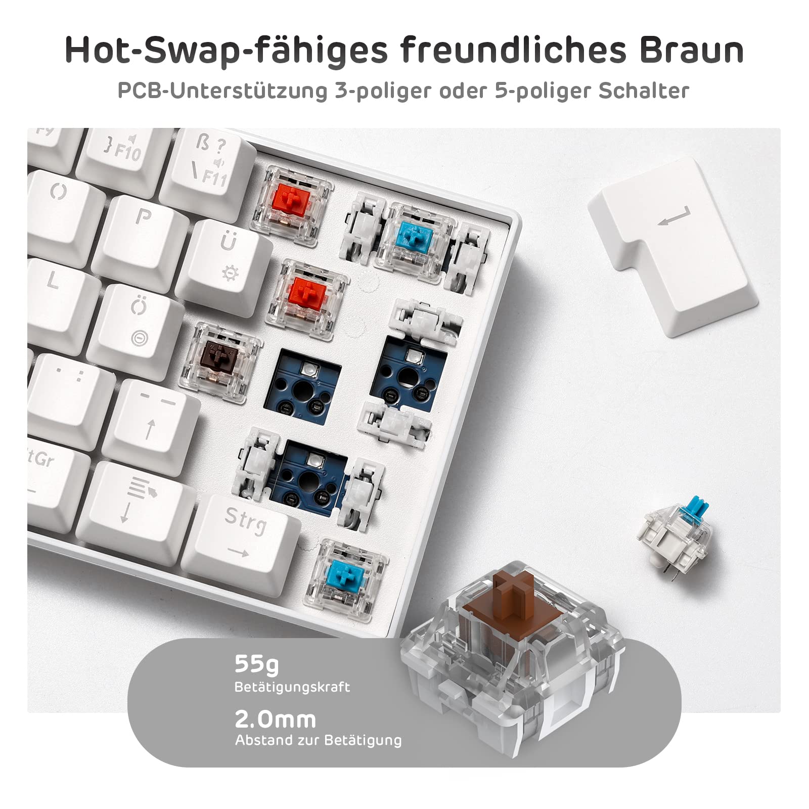 RK ROYAL KLUDGE RK61-DE 60% Wireless Mechanical Gaming Keyboard - Bluetooth/2.4GHz/USB-C Wired, Hot-Swappable Brown Switches, 61 Keys, White, QWERTZ Layout for Windows/Mac - Perfect for Gaming, Office Work & Programming