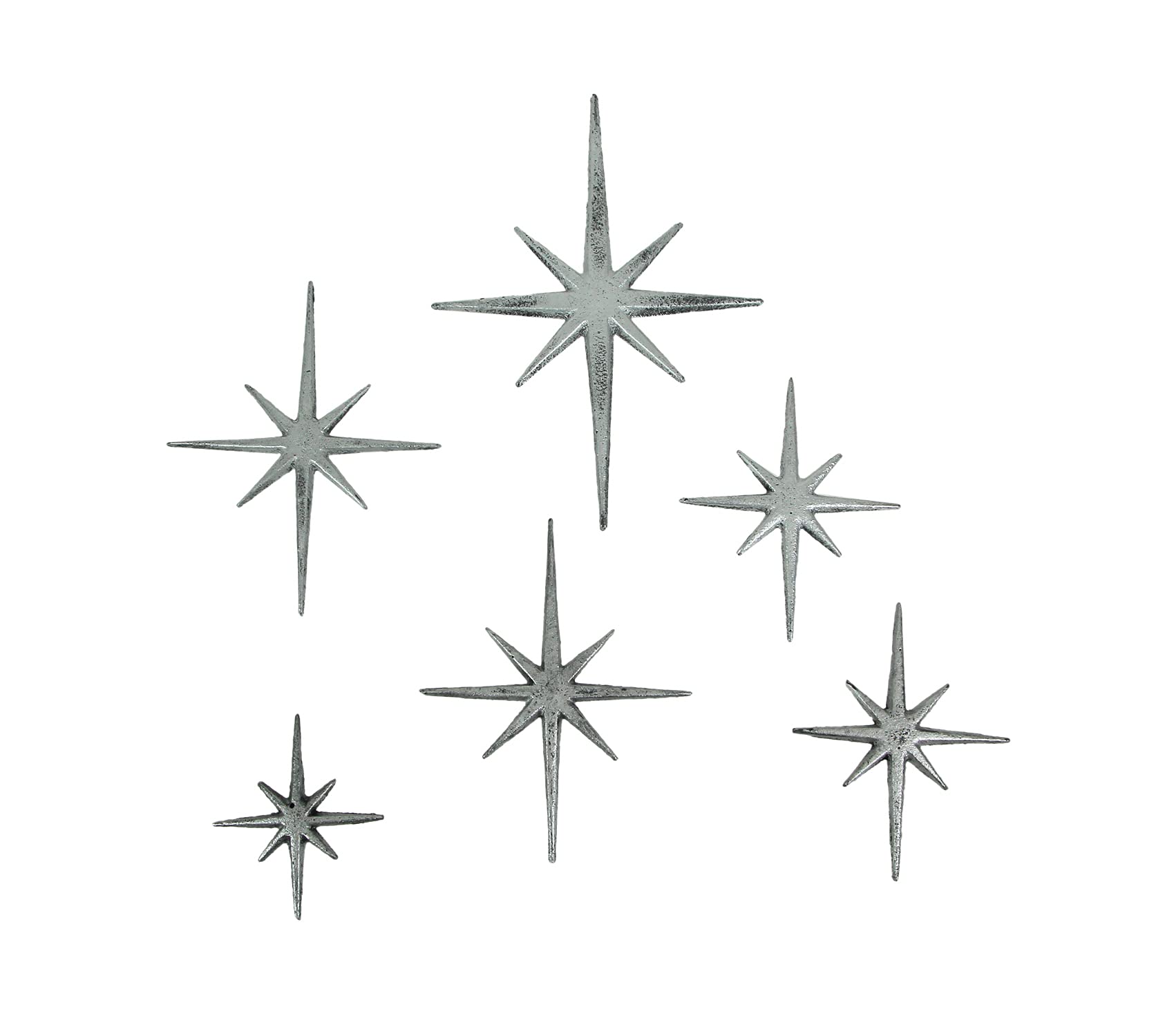 6-Piece Metallic Silver Cast Iron Starburst Wall Decor Set - Mid Century Modern 8-Pointed Star Wall Hangings for MCM Home Decor | Indoor & Outdoor Wall Art for Living Room, Bedroom, Patio & Garden