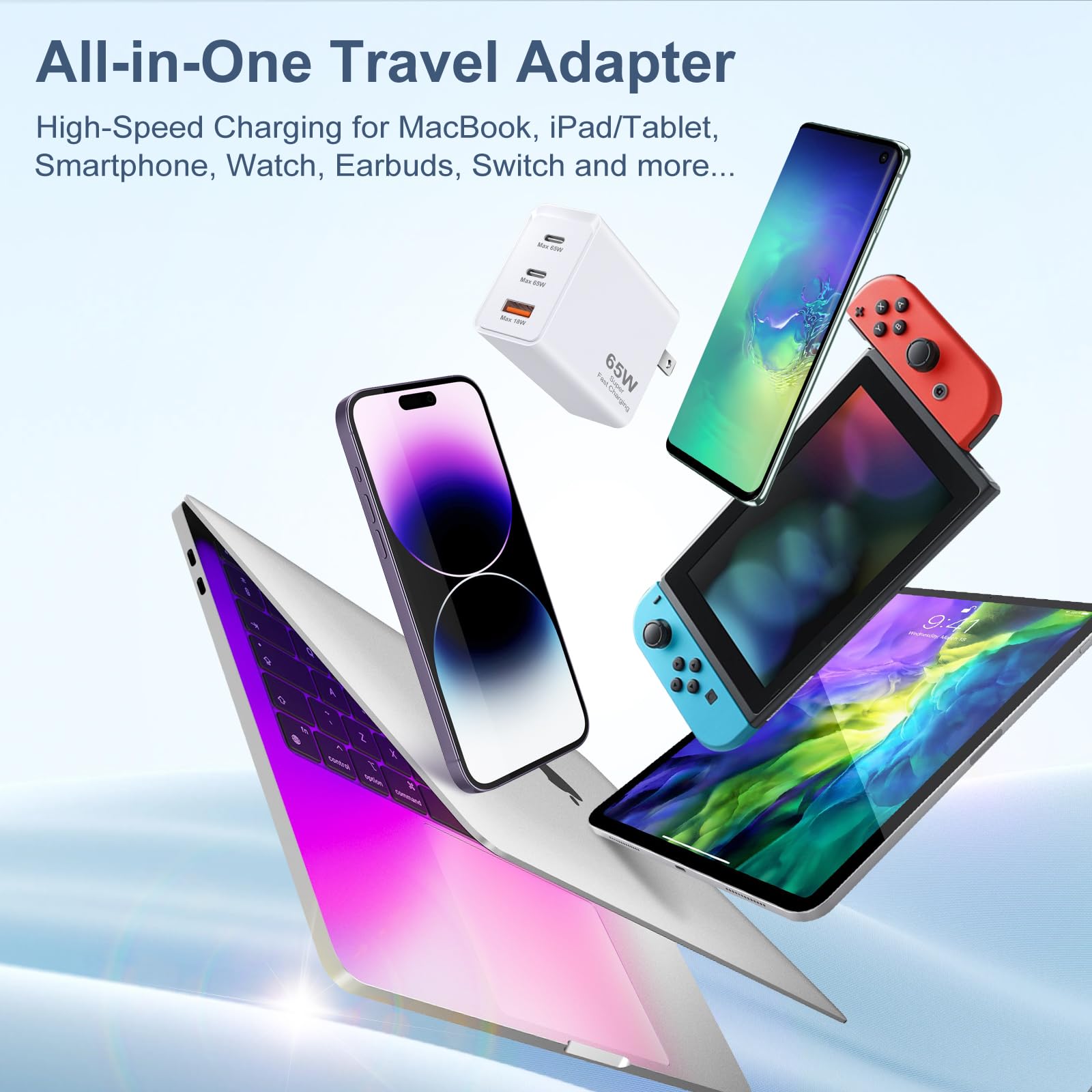 65W USB C Fast Charger with 3 Ports - PD/QC/PPS Compatible Wall Charger for MacBook, iPad, iPhone 16/15/14/13 Pro Max, Samsung Galaxy S24/S23/Note20 - Perfect for Travel, Office & Home Charging