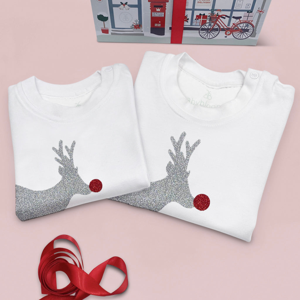 Reindeer Sparkle Christmas T-Shirt & Bib Outfit Set - Festive Holiday Baby Clothes for Xmas Photos & Family Gatherings
