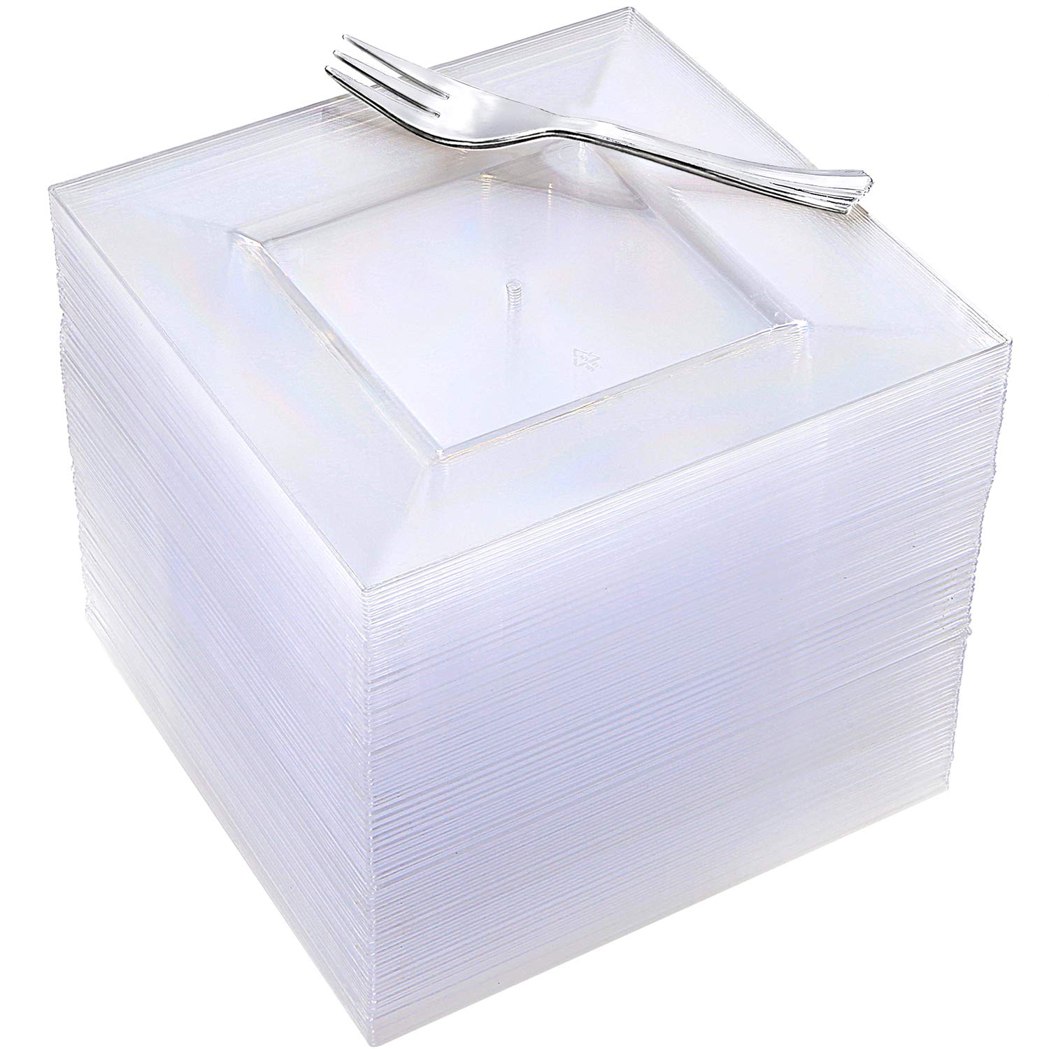 100-Piece Clear Square Dessert Plates Set with 100 Silver Plastic Forks - Elegant Appetizer Plates for Weddings, Parties & Events - Perfect for Cocktail Receptions, Bridal Showers & Birthday Celebrations