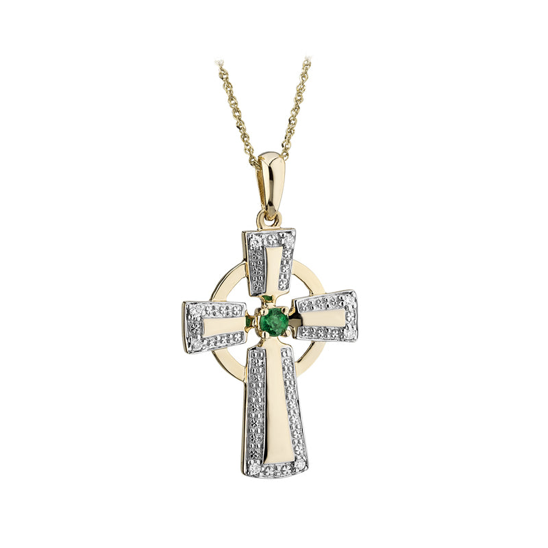 14K Gold Diamond & Emerald Cross Pendant Necklace for Women - Elegant Religious Jewelry Gift for Baptism, Confirmation & Special Occasions