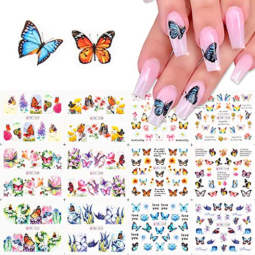 12Pcs Butterfly Nail Art Stickers - Water Transfer Nail Decals with Flower & Colorful Butterfly Designs for DIY Manicure | Perfect for Nail Art Decor, Home Parties, Bridal Showers & Special Occasions