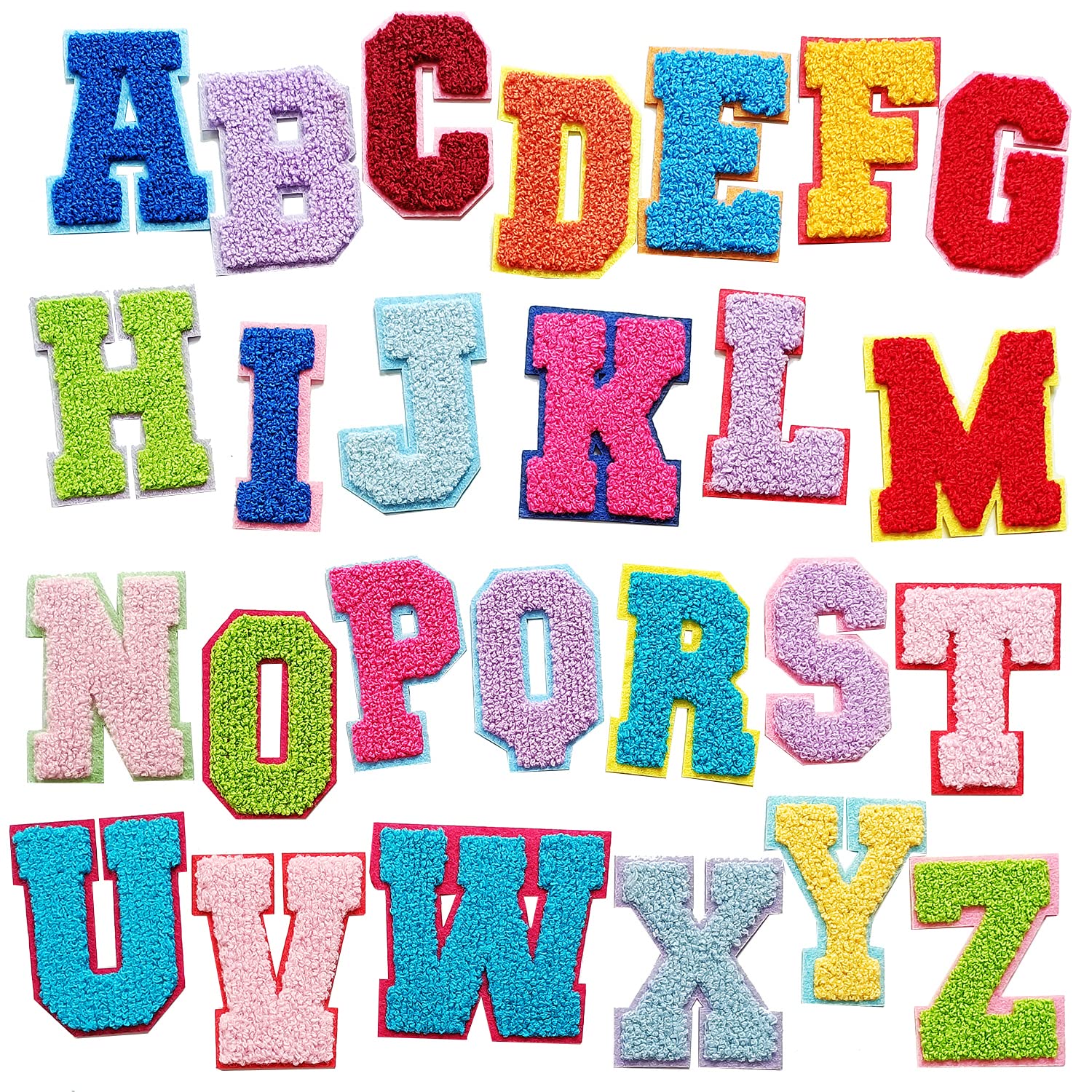 MISDONR 26pcs Alphabet A-Z Chenille Iron On Patches for Hats, Shirts, Jeans & Bags - Multicolor Embroidered Letters for DIY Decoration & Repair (Perfect for Customizing Denim Jackets, Backpacks & School Uniforms)