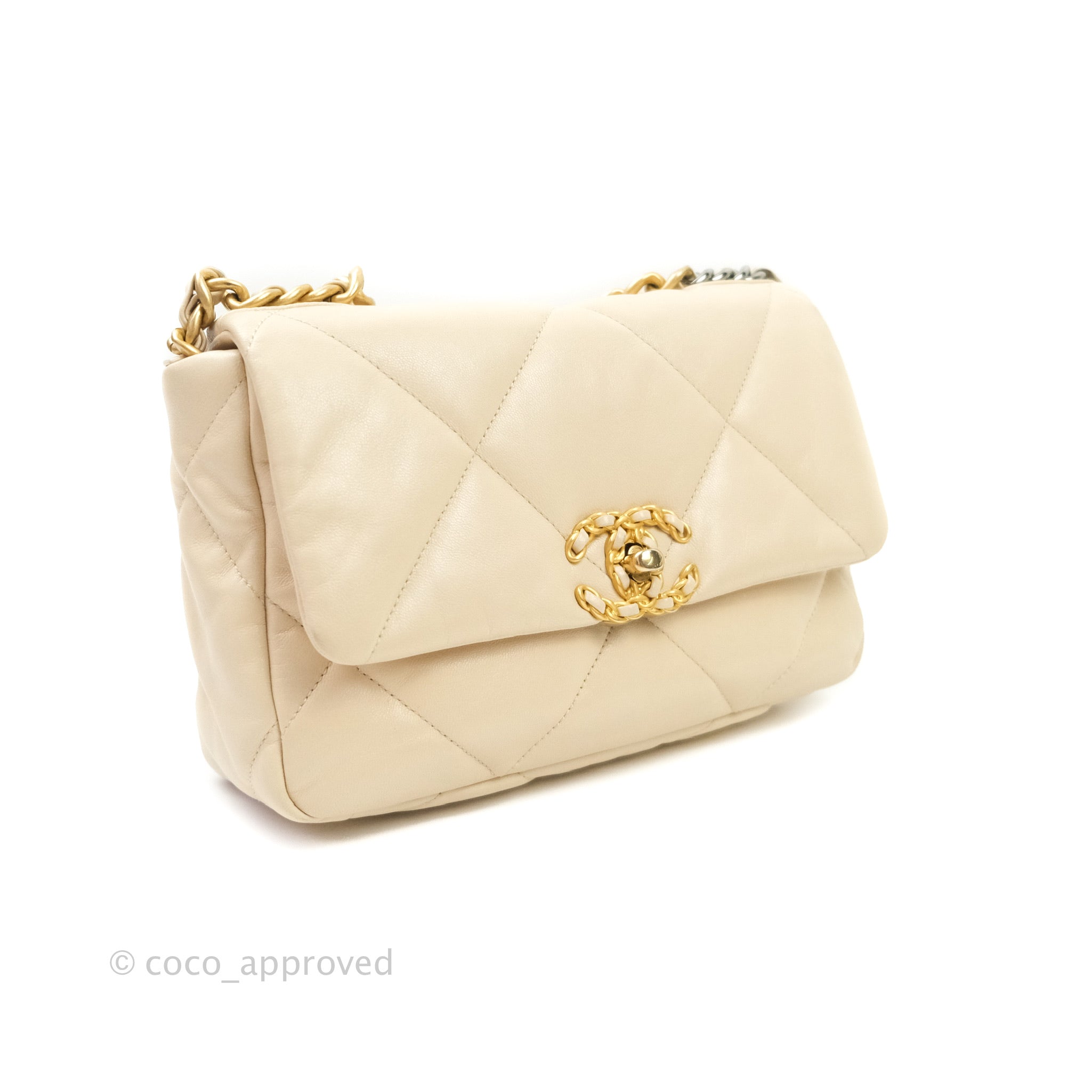 Chanel 19 Small Beige Goatskin Leather Bag with Mixed Gold & Silver Hardware - Luxury Crossbody Purse for Women, Perfect for Date Night & Special Occasions