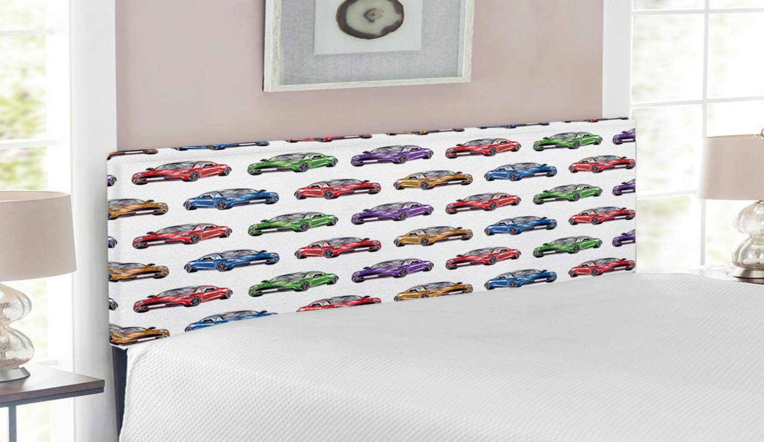 Ambesonne Cars Headboard - Colorful Hand-Drawn Sports Cars Design, Upholstered Metal Bed Headboard with Memory Foam, Queen Size in Red, Fern Green & Purple | Perfect for Race Car Themed Bedrooms, Kids' Rooms & Automotive Decor