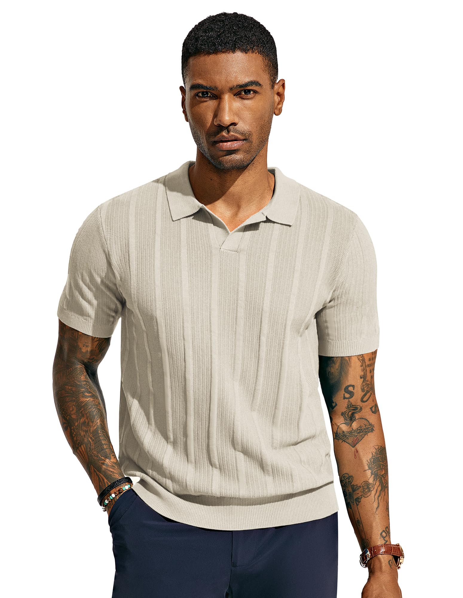 PJ PAUL JONES Men's Textured Knit V-Neck Polo Shirts - Breathable Summer Casual Shirt for Golf, Office & Outdoor Activities