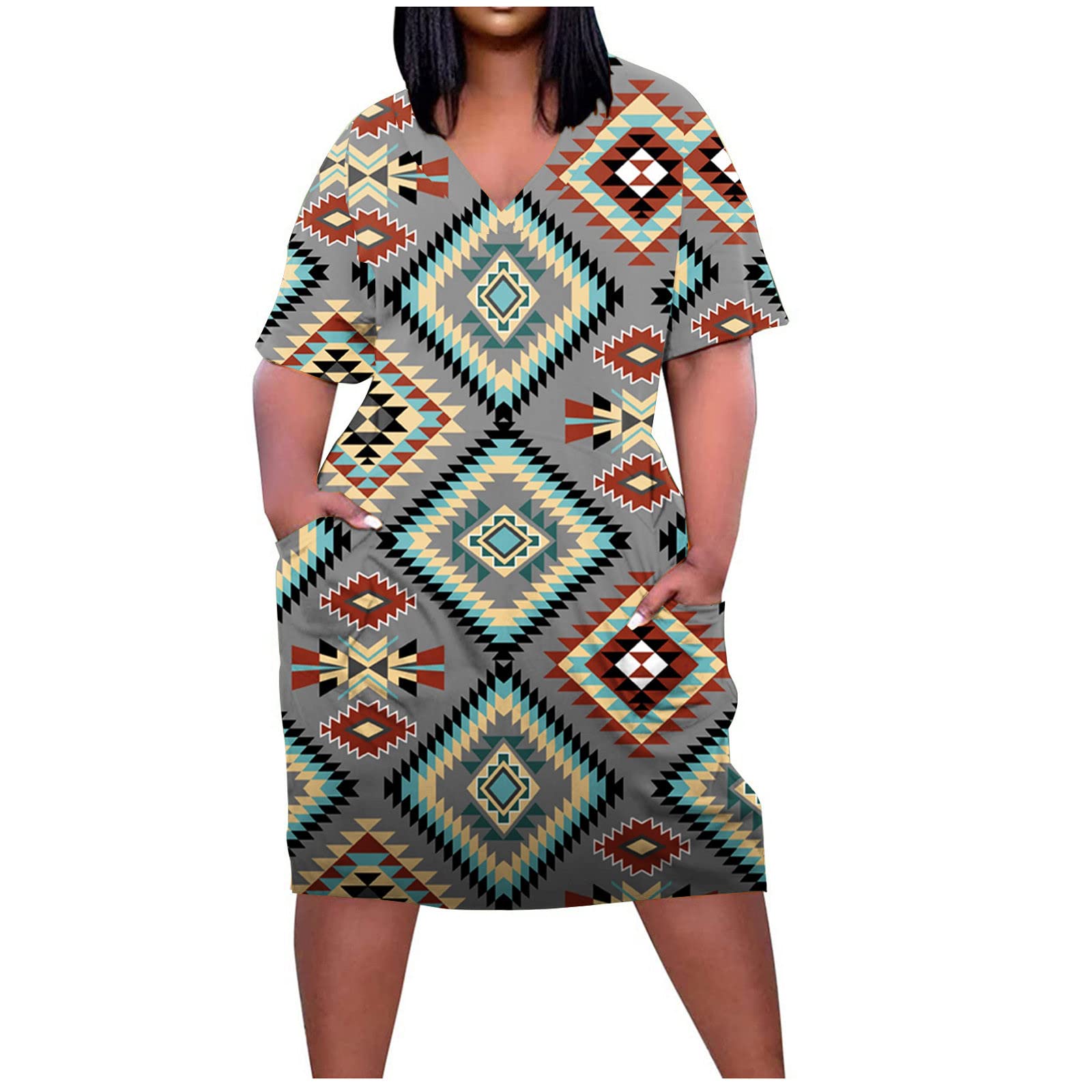 SKDOGDT Plus Size African Print Summer Dress for Women - Oversized Short Sleeve T-Shirt Midi Dress with Pockets, Aztec Ethnic Style Boho Chic Fashion | Perfect for Beach Vacation, Casual Outings & Cultural Events