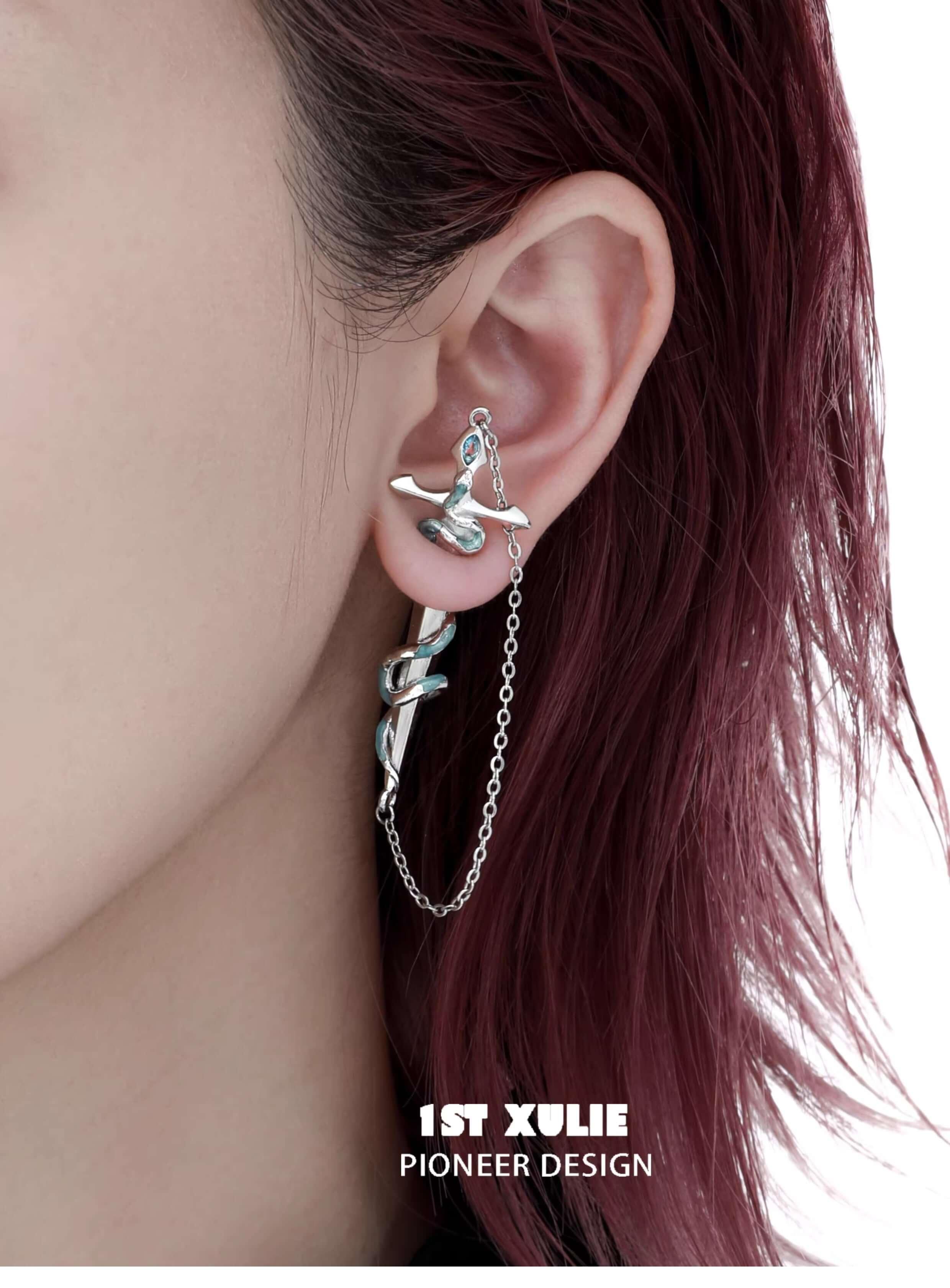 18K Platinum Plated Sword Chain Stud Earrings - Frozen Serpent Girl Gothic Jewelry for Women | Perfect for Cosplay, Halloween Costumes & Punk Fashion Accessories