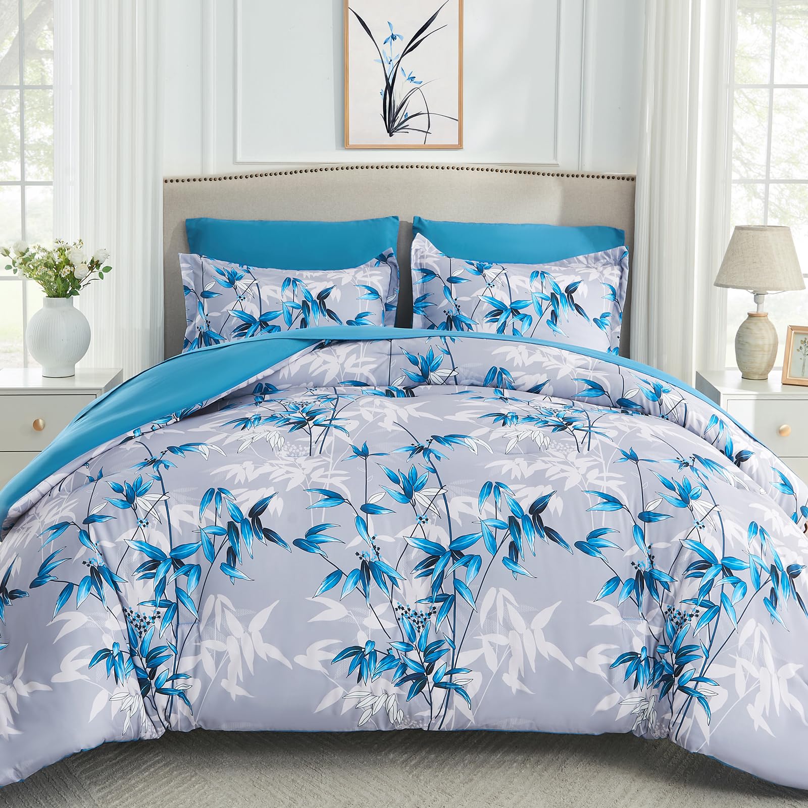 Premium 7-Piece Queen Comforter Set - Soft Lightweight Botanical Leaf Pattern Bedding with Comforter & Sheets | All-Season Blue Bed in a Bag | Perfect for Master Bedroom, Guest Room & Dorm Decor