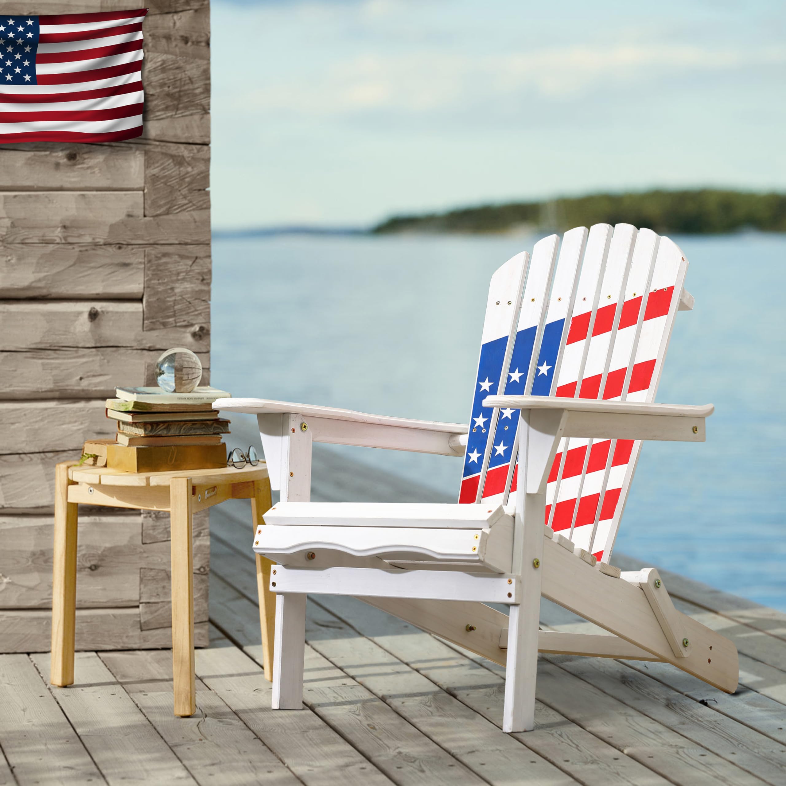 LuxenHome Folding Adirondack Chair - Patriotic Stars & Stripes Design, Oversized Fire Pit Lounge Chair for Outdoor, Patio, Garden & Backyard - Durable Fir Wood Construction - Perfect for Camping, BBQs & Relaxing in Your Yard