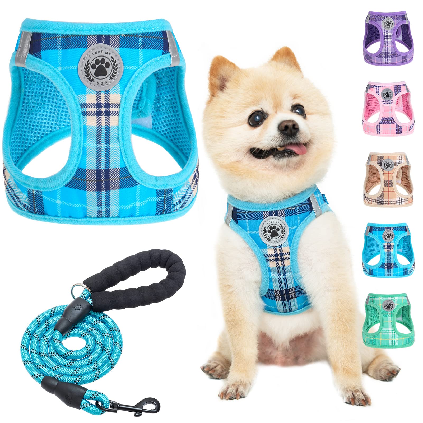 BEAUTYZOO No-Pull Step-in Dog Harness and Leash Set - Soft Mesh Reflective Vest for Small/XS Dogs & Cats - Breathable Plaid Design (Blue, Size S) - Perfect for Walking, Training & Outdoor Adventures