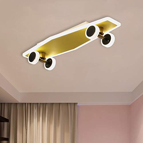LITFAD Gold Skateboard Ceiling Light Fixture - Modern LED Flush Mount Lighting for Kids Room, Boys Bedroom & Nursery - Durable Iron Construction with Integrated LED - Perfect for Skateboard-Themed Decor & Children's Spaces