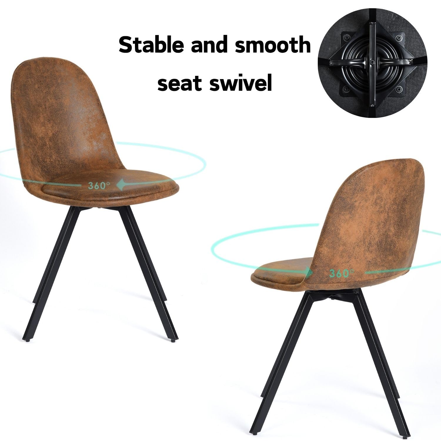 FurnitureR 360° Swivel Dining Chairs Set of 4 - Modern Armless Side Chairs with Sturdy Metal Base & Rotating Cushion - Suede Brown Upholstered Seating for Dining Room, Office Conference, Bedroom, and Home Decor