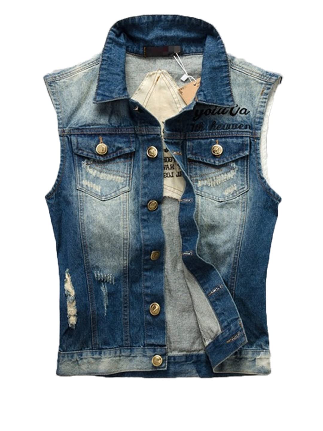 Men's Slim Fit Sleeveless Denim Vest - Korean Style Summer Waistcoat with Single-Breasted Design & Distressed Holes (95% Cotton) | Perfect for Casual Outfits, Streetwear & Summer Fashion