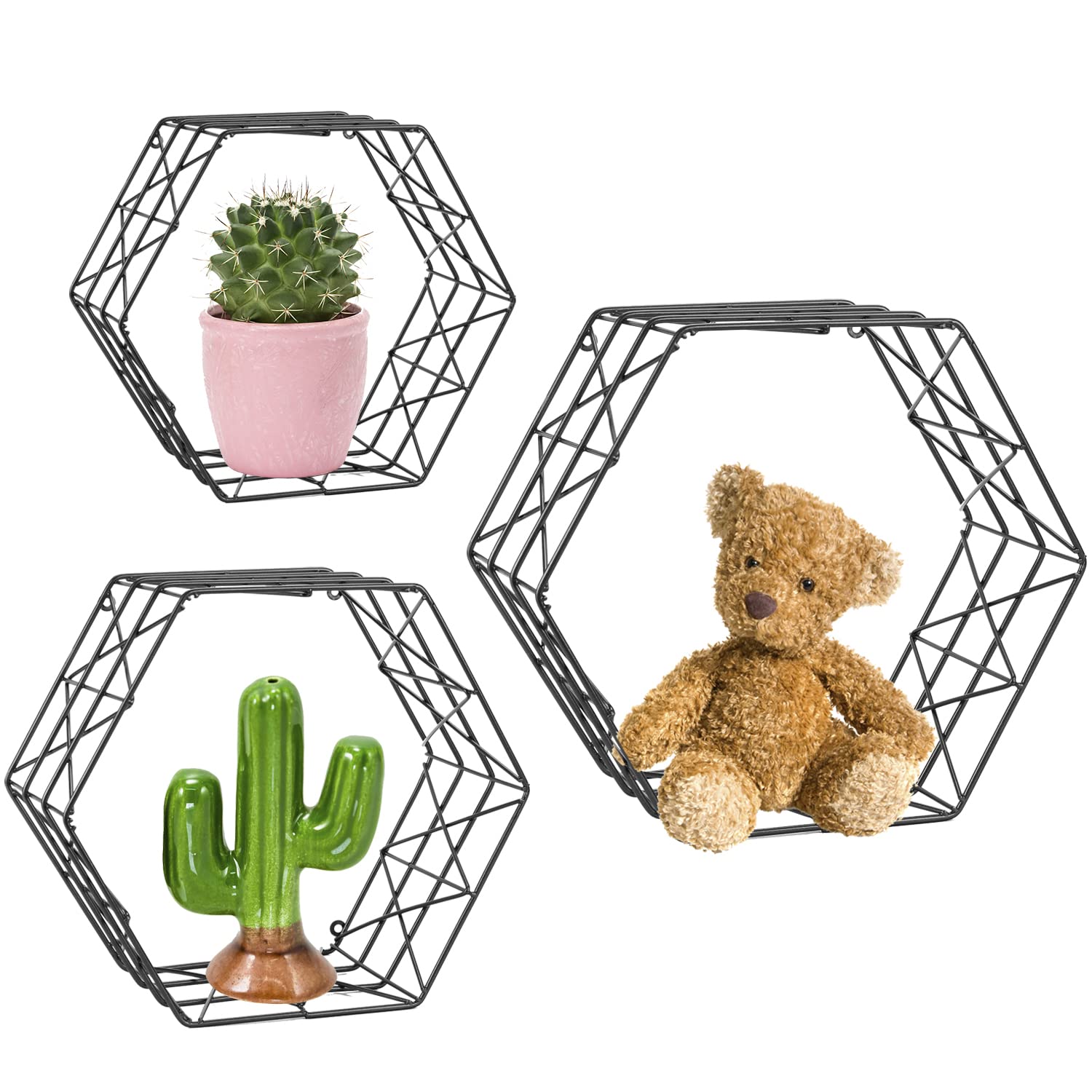 Hexagon Hanging Floating Shelves Set of 3 - Wall Mounted Metal Farmhouse Storage Shelf, Honeycomb Decorative Display for Bathroom, Kitchen, Bedroom - Modern Room Decor (Black) | Perfect for Organizing Bath Essentials, Spices, Books & Displaying Decor Items