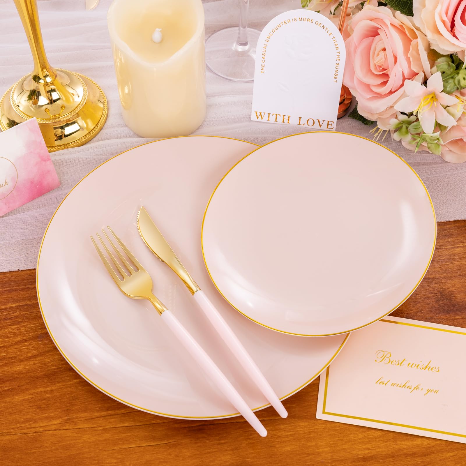Liacere 150-Piece Pink Plastic Dinner Plates Set with Gold Silverware - Disposable Plates & Cutlery for 30 Guests, Perfect for Weddings, Easter, Mother's Day & Party Events - Elegant Tableware for Celebrations & Special Occasions