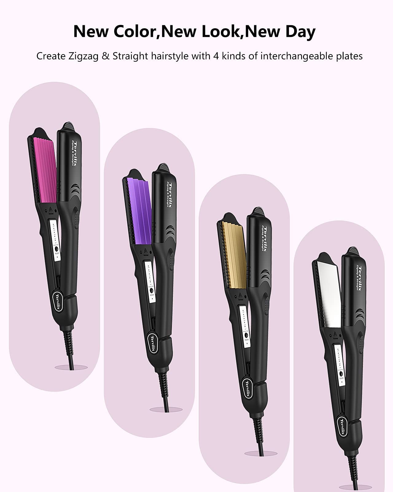 Terviiix Hair Crimper for Women with 4 Interchangeable Plates - Keratin & Argan Oil Infused Crimping Iron for Voluminous Waves & Curls - 5 Heat Settings & 60 Min Auto Off - Perfect for Beach Waves, Boho Hairstyles & Party Looks