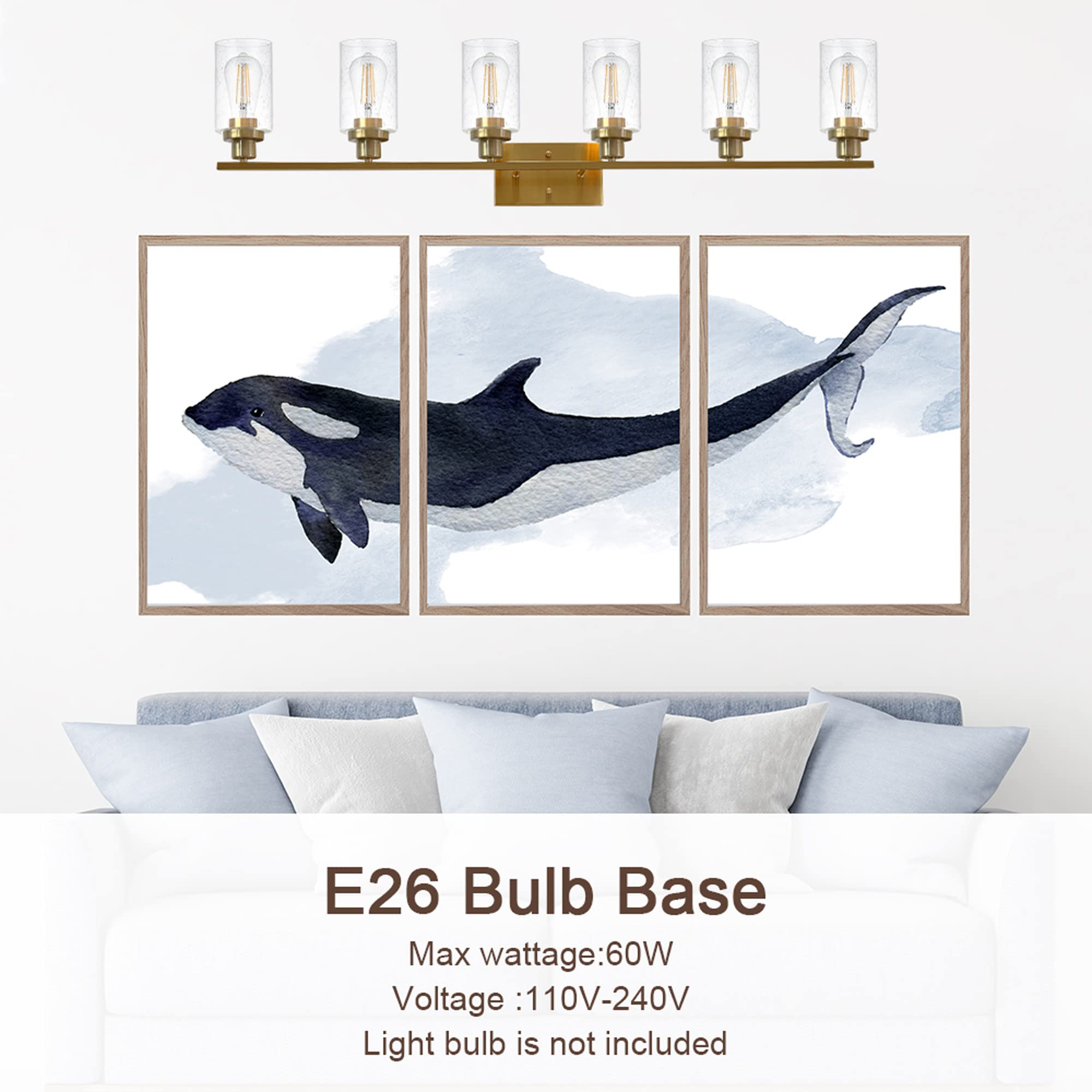 MELUCEE 6-Light Brushed Brass Vanity Light - Modern Bathroom Mirror Lighting Fixture with Bubbled Glass Shades - Wall Sconce for Hallway, Kitchen, Living Room & Bedroom - Perfect for Makeup, Shaving & Ambient Lighting