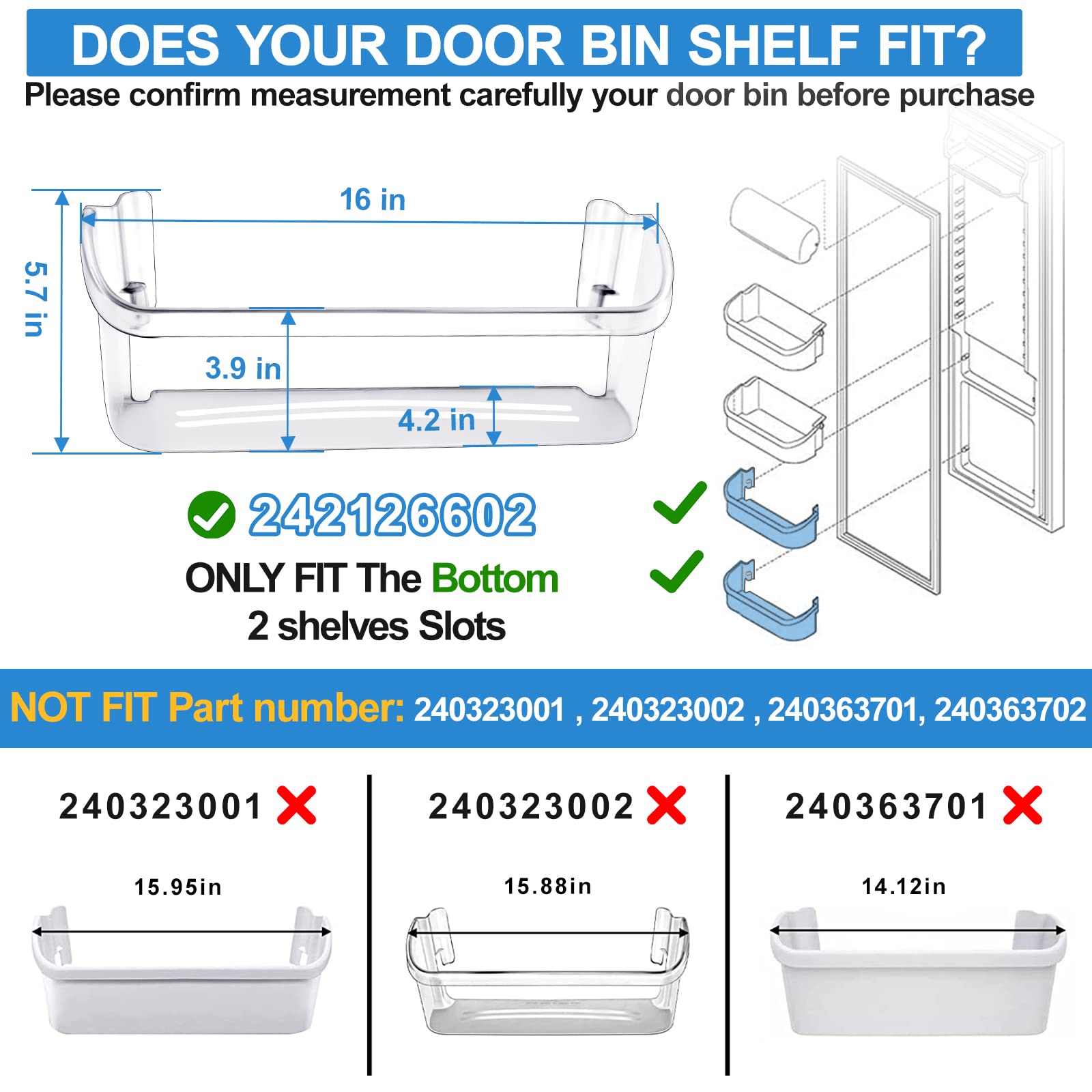 UPGRADED Frigidaire Refrigerator Door Bin Shelf Replacement - AP6278233 PS12364199 4547407 Compatible Parts for Bottom 2 Shelves | Durable Side Shelf Rack Organizer for Fresh Food Storage & Kitchen Organization