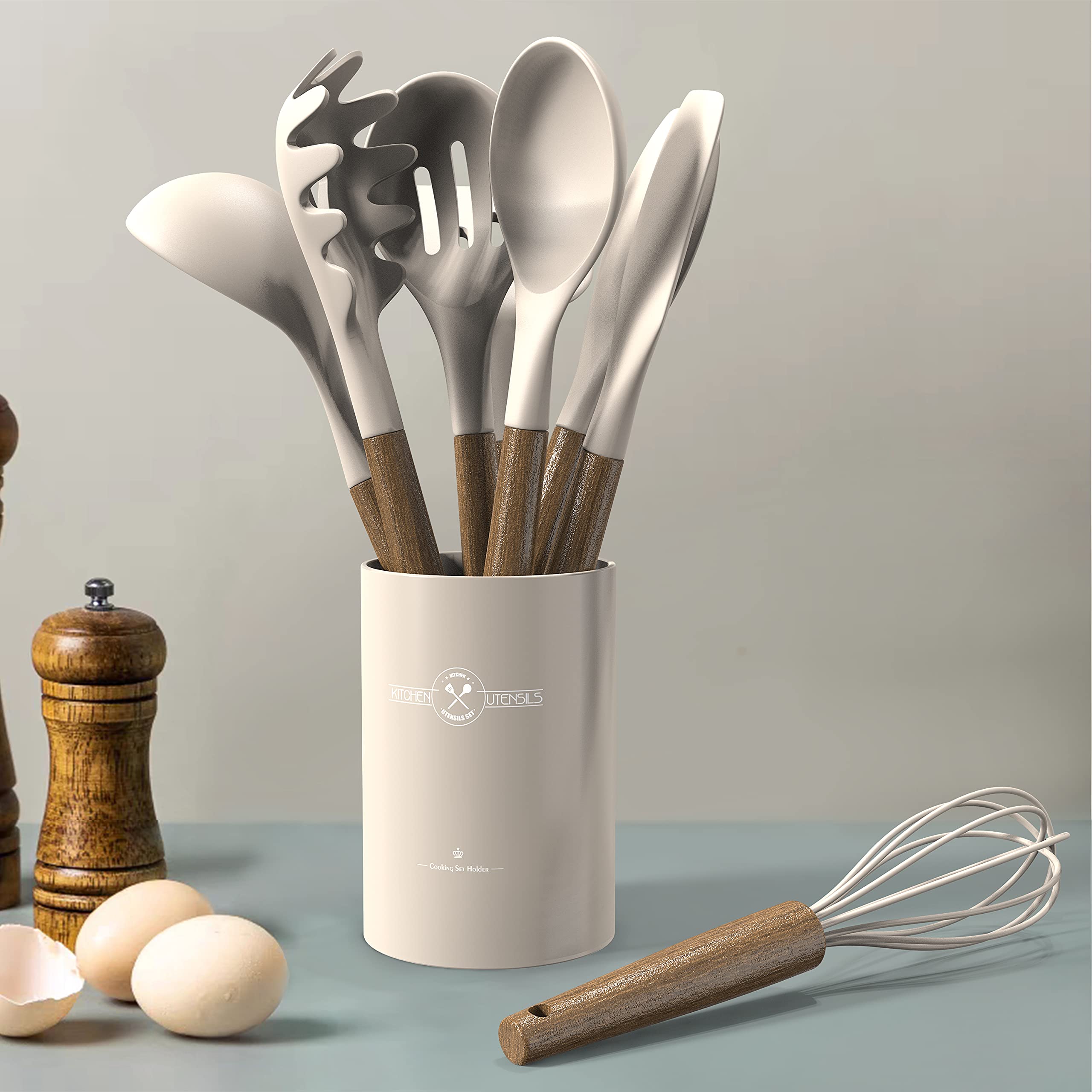 9Pcs Silicone Kitchen Utensil Set with Wooden Handle - Heat Resistant for Nonstick Cookware - Perfect for Baking & Cooking