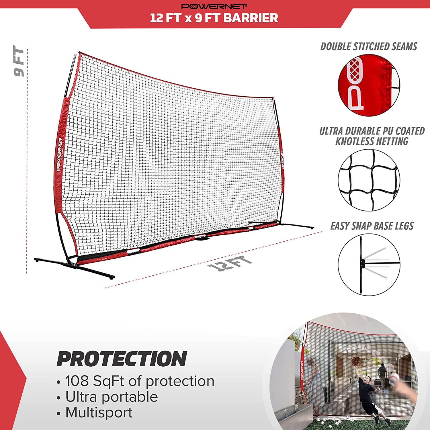 PowerNet 12 ft x 9 ft Sports Barrier Net - Heavy Duty Practice & Safety Netting for Baseball, Soccer, Golf - Perfect for Backyard, Training & Field Protection