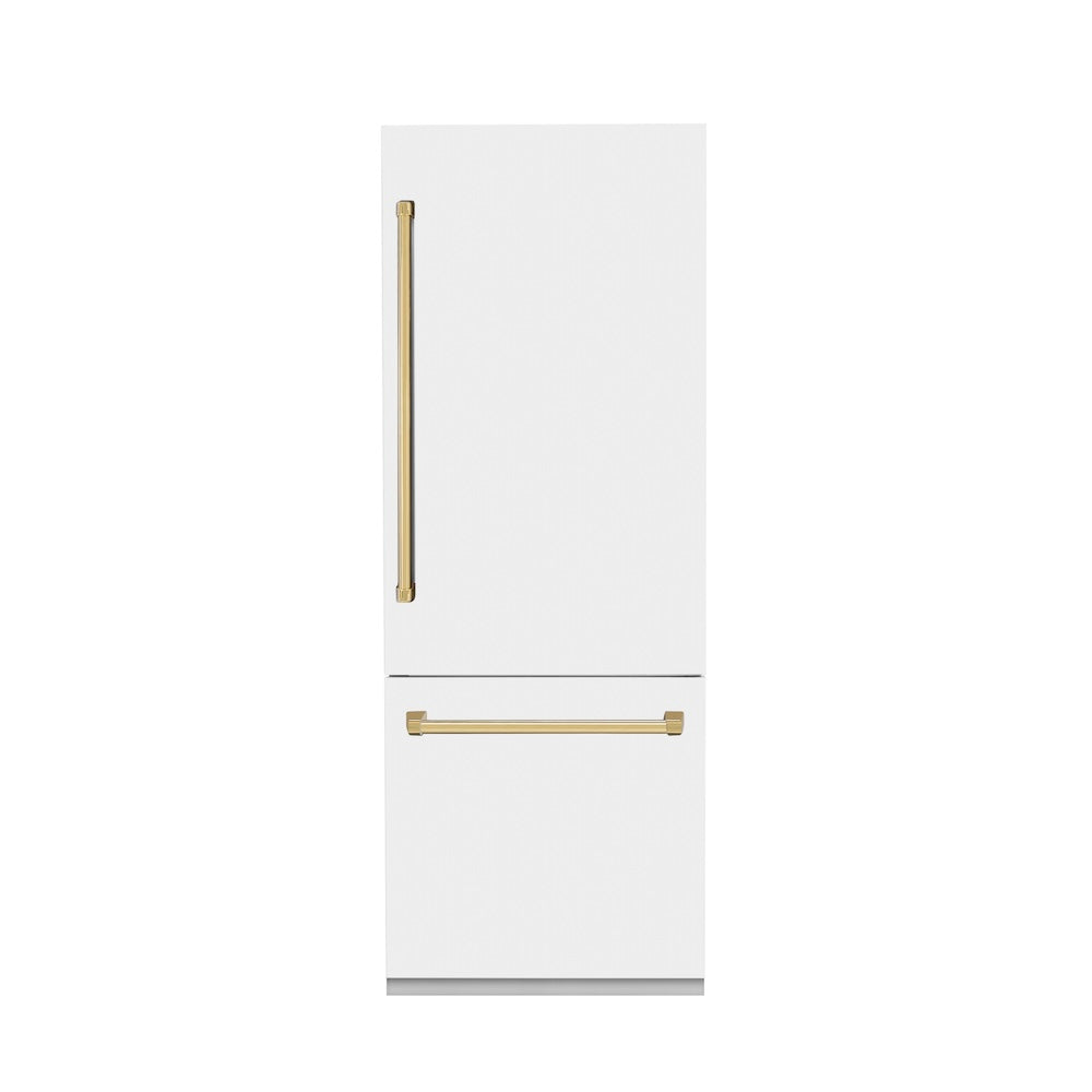 ZLINE Autograph Edition 30-inch Built-In Bottom Freezer Refrigerator - 16.1 cu.ft Capacity, Water Dispenser & Ice Maker - White Matte Finish with Polished Gold Accents (RBIVZ WM 30 G) | Perfect for Modern Kitchens & Open-Concept Homes