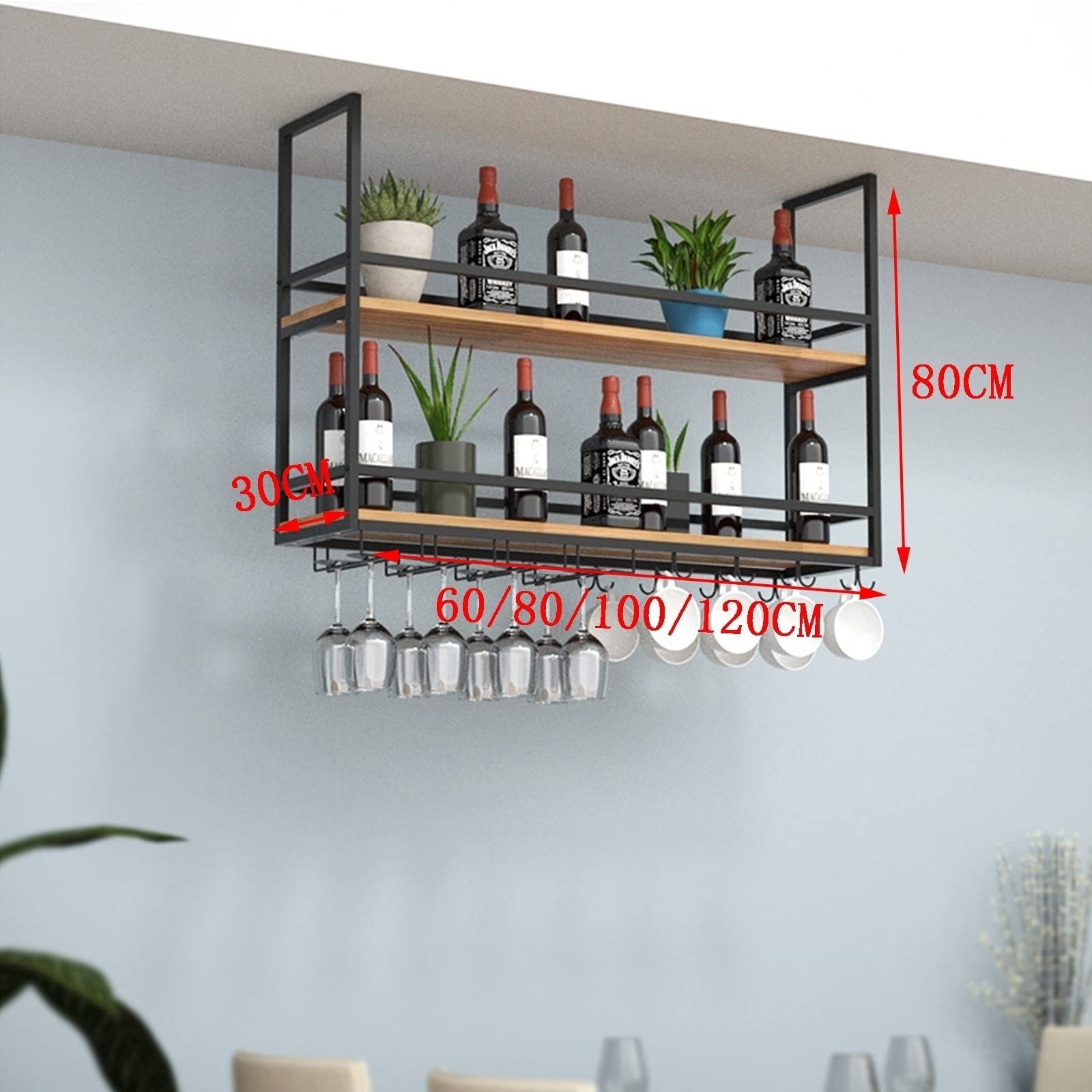 Hanging Floating Shelf - Ceiling & Wall Mounted Wine Glass Rack with Guardrail, Solid Wood & Wrought Iron Display Stand for Kitchen, Living Room, Bar - Perfect for Wine Storage, Plant Display & Home Decor