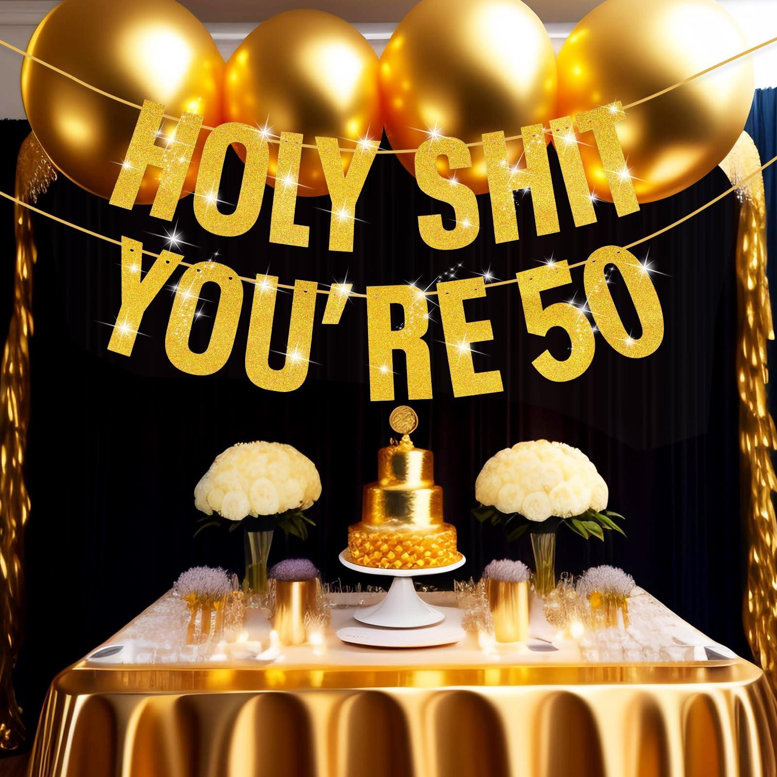 50th Birthday Banner Gold Glitter - Funny 'Holy Shit You're 50' Party Decorations for Women & Men | Perfect for Milestone Birthday Parties, Anniversary Celebrations & Retirement Events