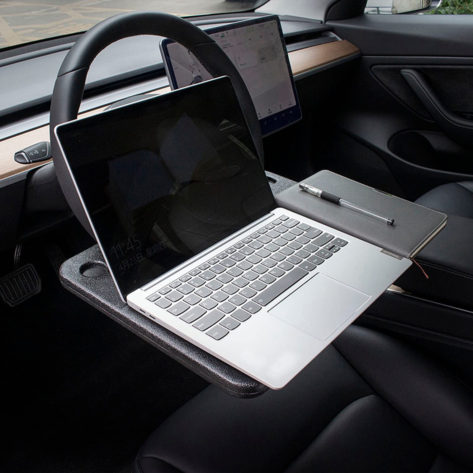 Tesla Model 3/Y Steering Wheel Tray - Portable Laptop Desk & Food Table for Car Travel - Black Multi-Functional Accessory for Work, Dining & Road Trips