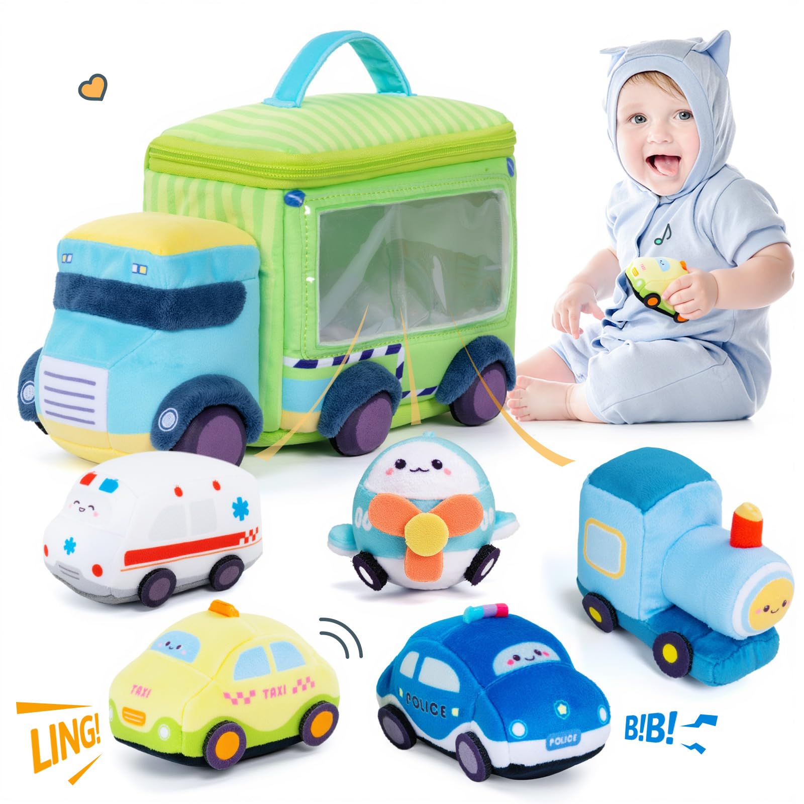 OUOZZZ Soft Baby Boy Toys - Plush Cars for Toddlers 1-3 Years | Little Blue Truck Stuffed Animal with Squeaker & Bell | Sensory Learning Toys | First Birthday Gift for Boys & Girls | Portable Play Set for Home, Travel & Daycare Activities