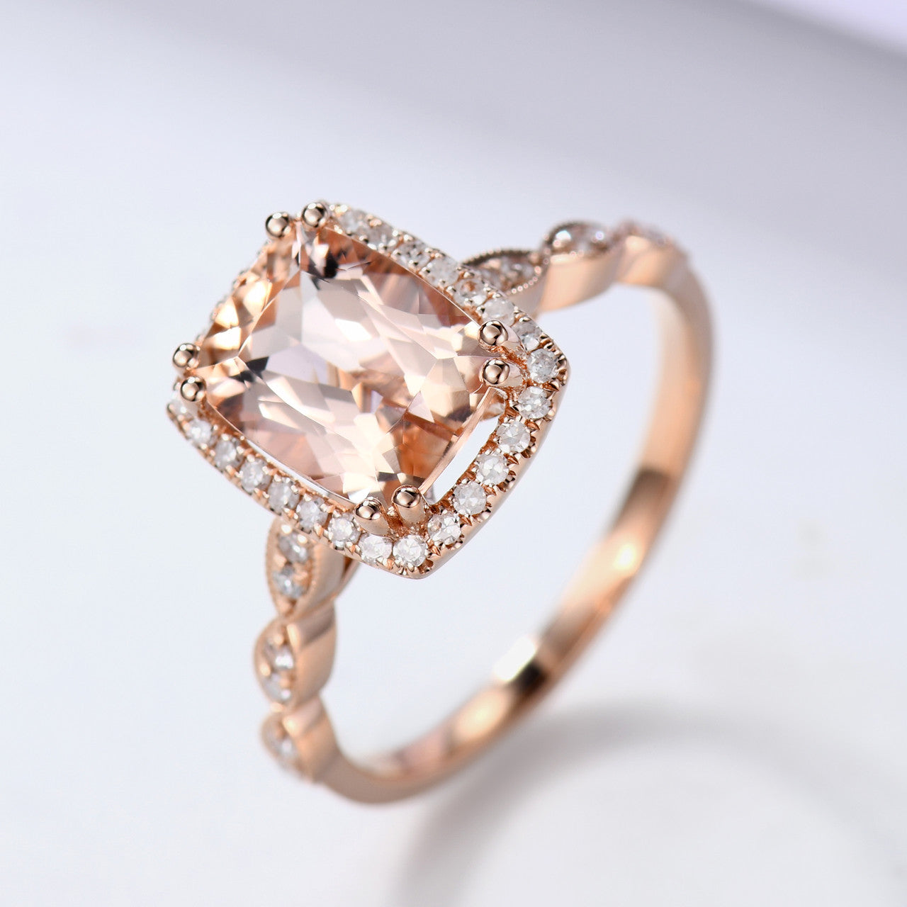 2 Carat Cushion Cut Natural Morganite Engagement Ring with Diamond Halo in 14K Rose Gold - Perfect for Bridal Jewelry, Wedding Bands & Anniversary Gifts