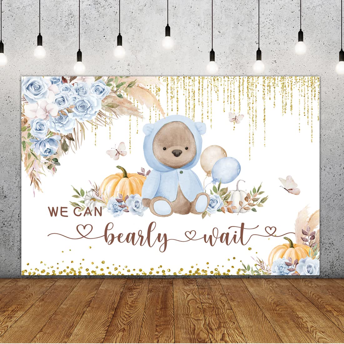 Lofaris Boho Bear Baby Shower Backdrop - Blue Floral 'We Can Bearly Wait' Theme - 5x3ft Photography Background for Baby Boy Showers, Gender Reveals & Nursery Decor with Pampas Grass Design