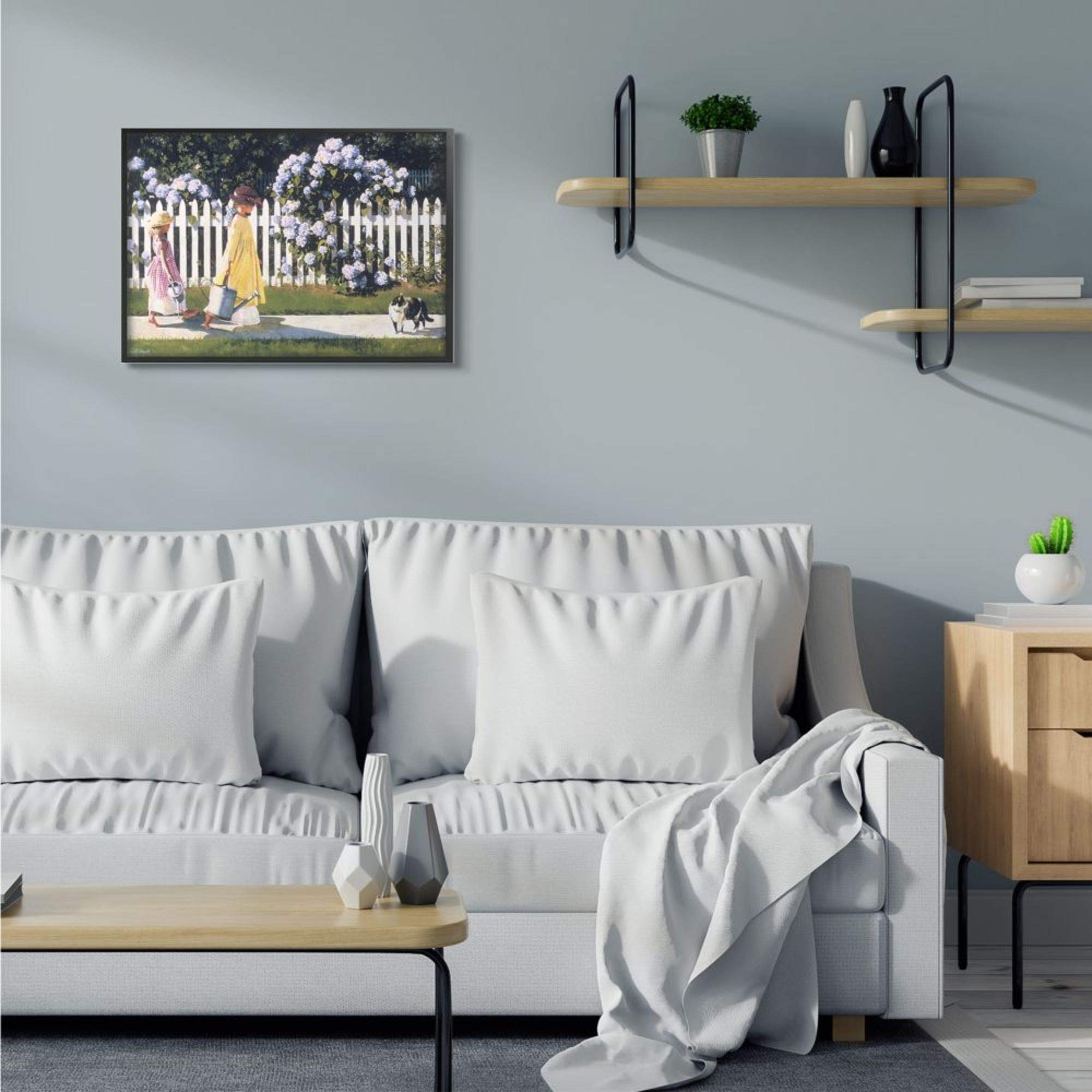 Stupell Industries Girls Gardening Neighborhood Sidewalk Picket Fence Framed Wall Art - 24x30, Black Frame by Heide Presse - Perfect for Kids Room, Nursery, or Playroom Decor