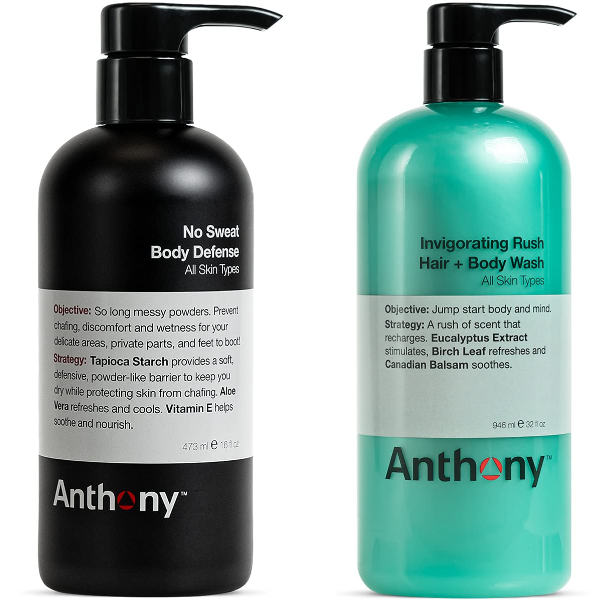 Anthony No Sweat Body Defense Anti-Chafe Talc-Free Cream to Powder Lotion - 16 Fl Oz | Chafing Relief for Thighs & Underarms | Gym, Running & Outdoor Activities  Anthony Invigorating Rush Hair & Body Wash - 32 Fl Oz | Refreshing Mint & Eucalyptus Formula | Post-Workout Shower & Daily Cleansing for Men