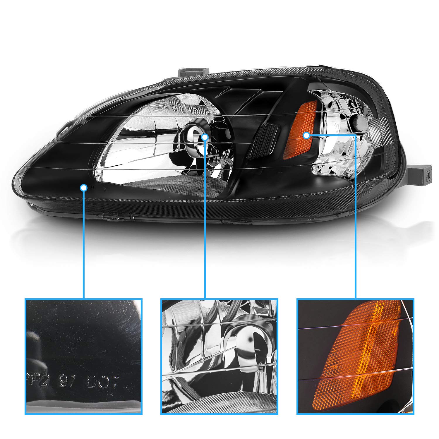 AmeriLite Black Replacement Headlights Set for 1999-2000 Honda Civic - Left & Right Side Headlamps - Perfect for Night Driving & Foggy Conditions